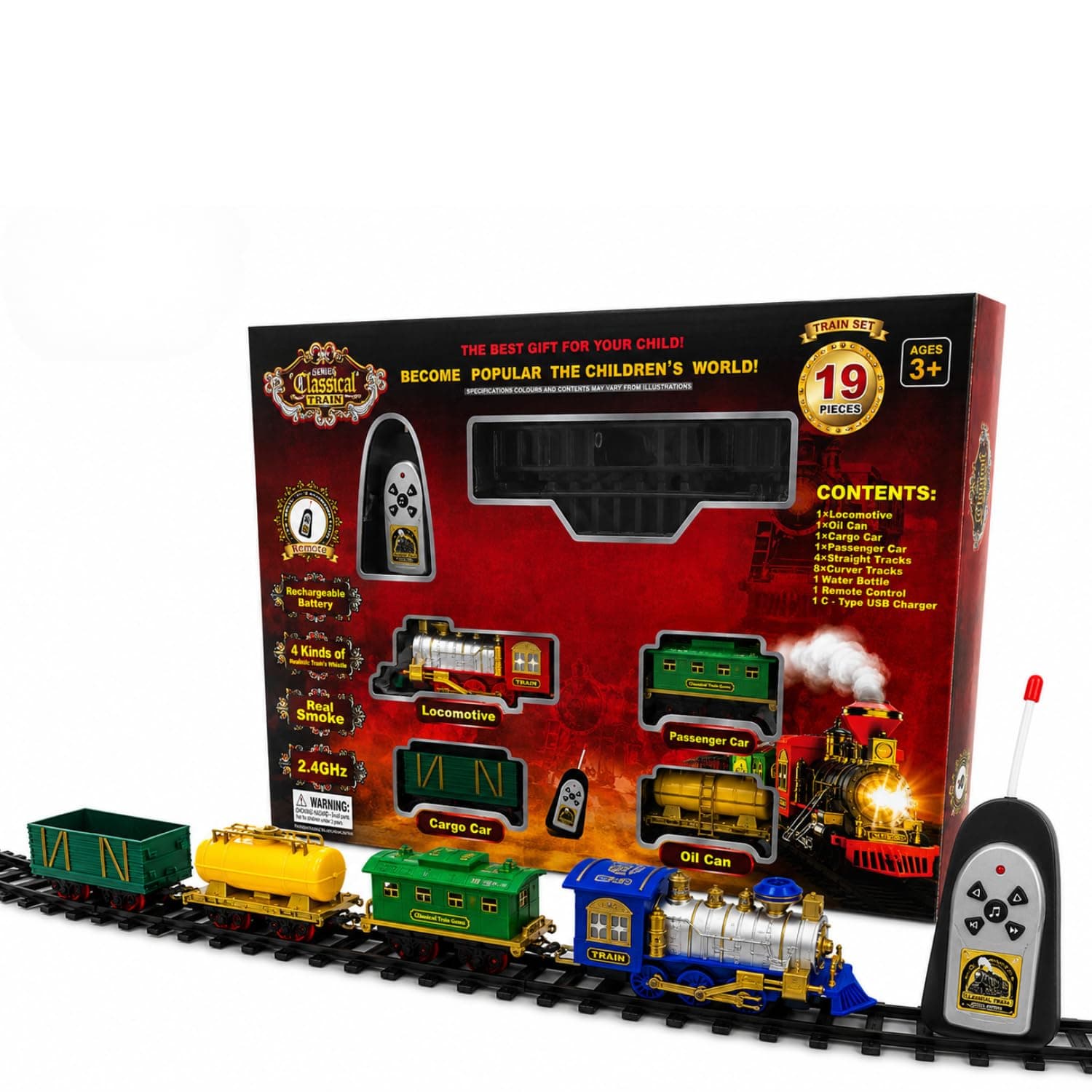Kidoyz Remote Control Toy Train for Boys | Rechargeable 2.4GHz Railway Set with Smoke Effect, LED Lights, Music, Engine Coach, Cargo Tanker & Easy Build Track System