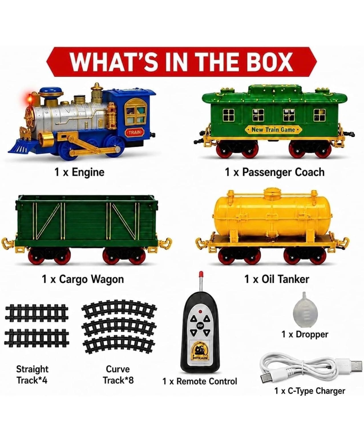 Kidoyz Remote Control Toy Train for Boys | Rechargeable 2.4GHz Railway Set with Smoke Effect, LED Lights, Music, Engine Coach, Cargo Tanker & Easy Build Track System — view 3