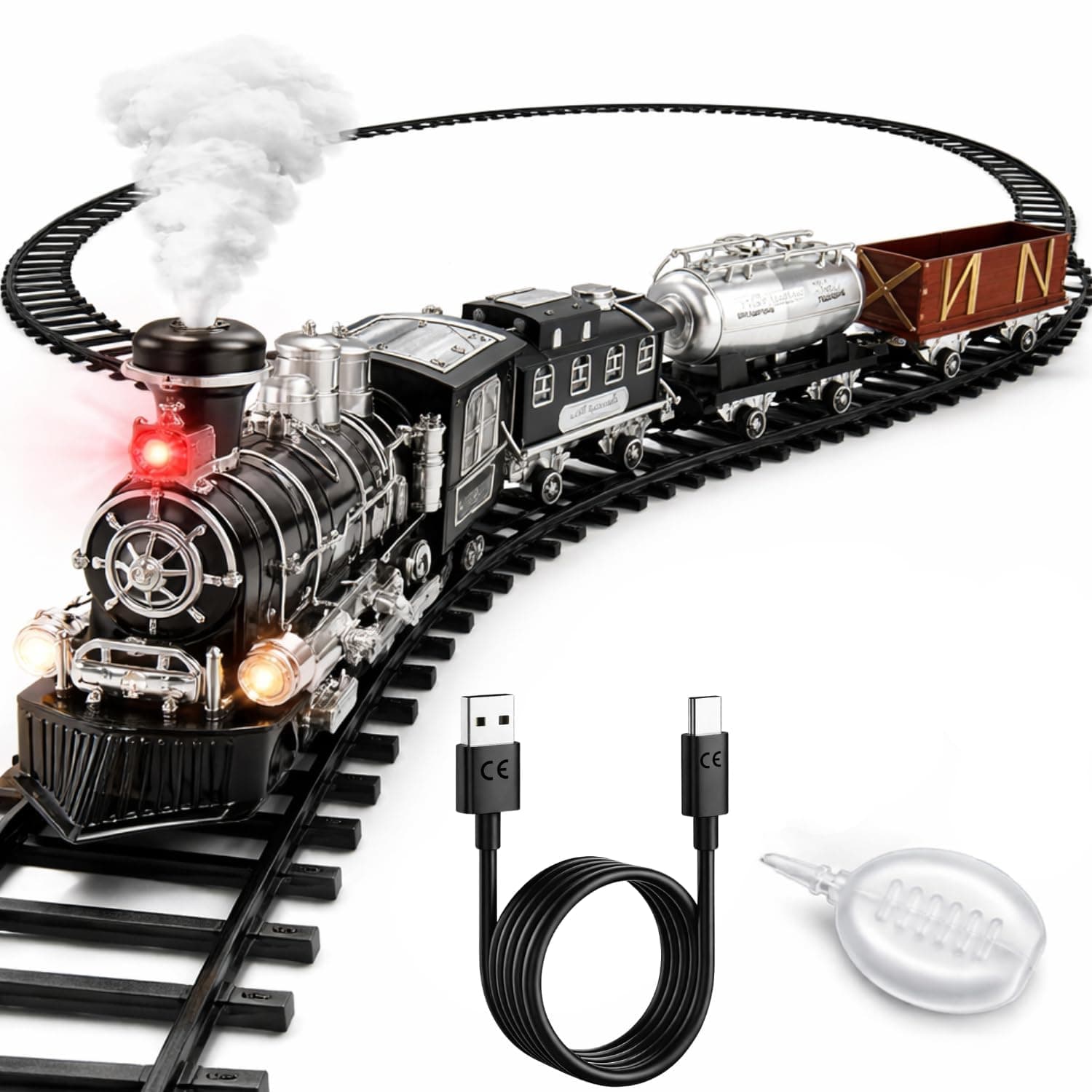 Kidoyz 16 Piece Electric Railway Train Set for Boys & Girls | Classic Steam Engine Toy Train with Track | Rechargeable Battery Powered Train with Light, Sound & Realistic Smoke Effect