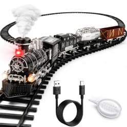 Kidoyz 16 Piece Electric Railway Train Set for Boys & Girls | Classic Steam Engine Toy Train with Track | Rechargeable Battery Powered Train with Light, Sound & Realistic Smoke Effect
