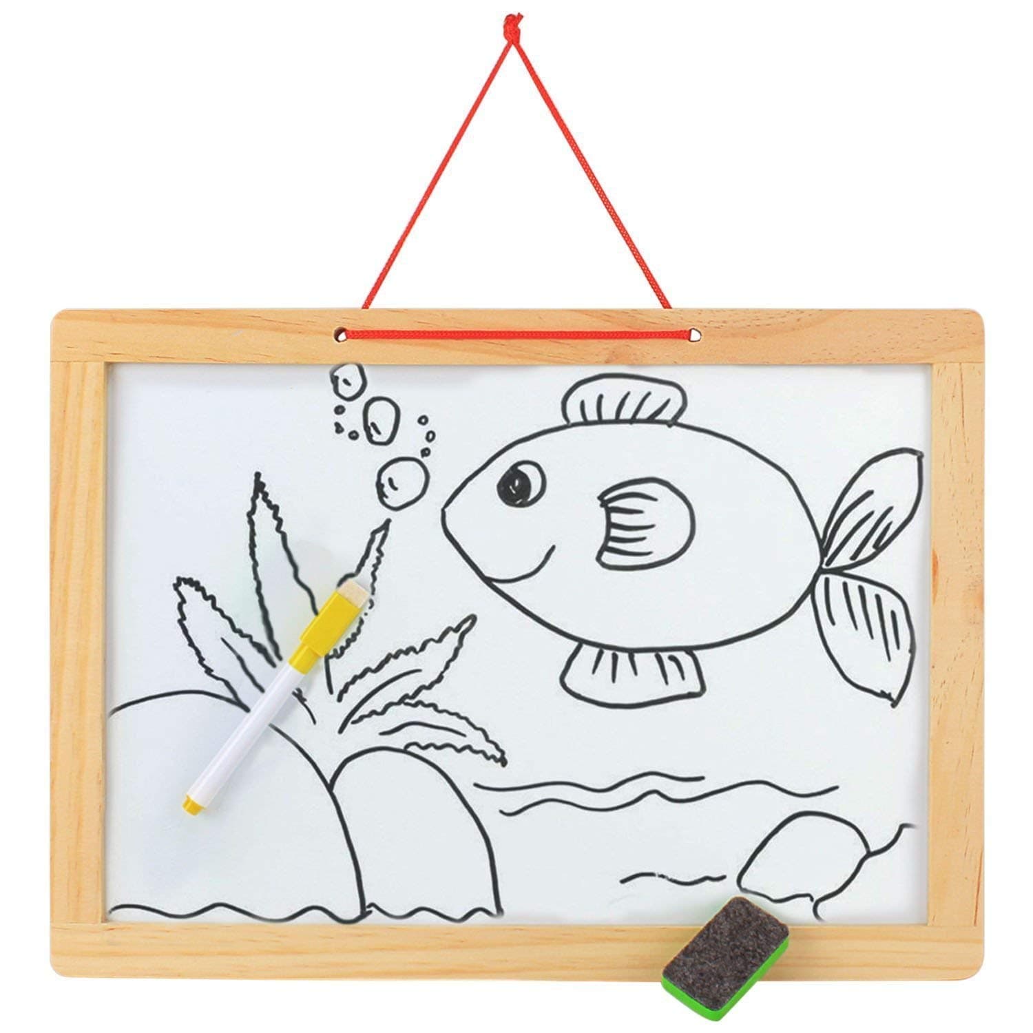 Kidoyz Wooden Frame Double Sided Magnetic Whiteboard & Black Slate with Alphanumeric,Mathematical Signs and Tangram (Multicolor) — view 2