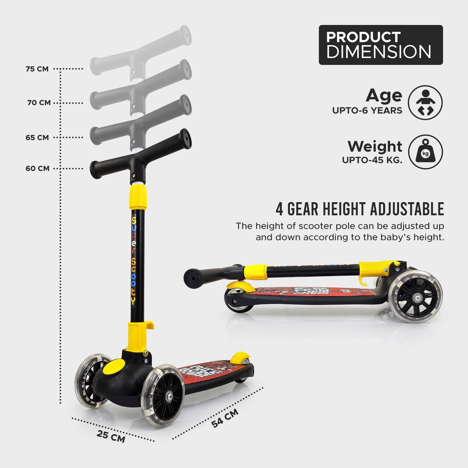 Kidoyz Kids Scooter with PU LED Wheels, Foldable Design, 4-Level Adjustable Handlebar, Stable Standing Board, for Ages 3-8 Years — view 2