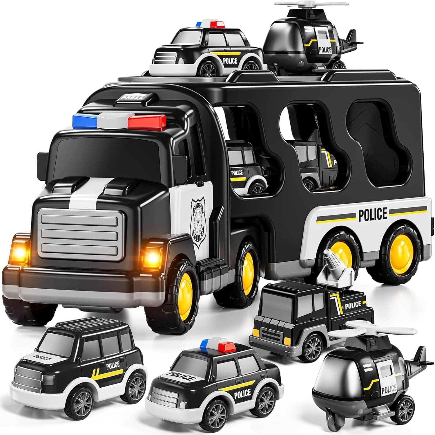 Kidoyz 5 in 1 Police Truck Toys for Kids Big Size | Boy Toys 3 4 5 6 7 Years Old | Friction Powered Transport Vehicle Carrier Truck Set | Birthday Gift for 3-5 Year Old Boys & Girls