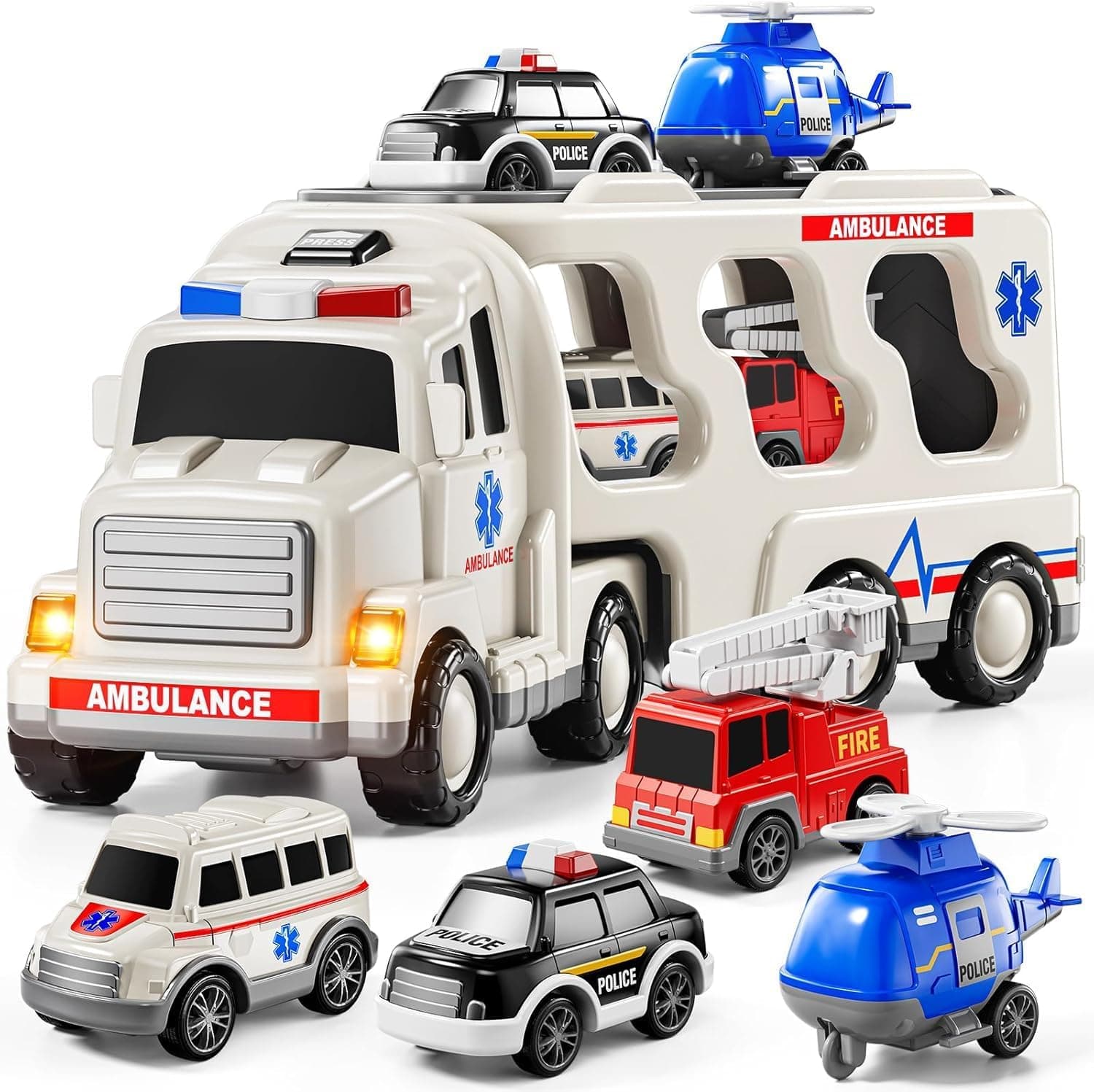 Kidoyz 5-in-1 Ambulance Toy Set for Kids | Ambulance for Kids with Lights & Sound, Movable Stretcher & Rescue Gear | Emergency Medical Carrier Vehicle | Friction Powered Playset for Boys & Girls