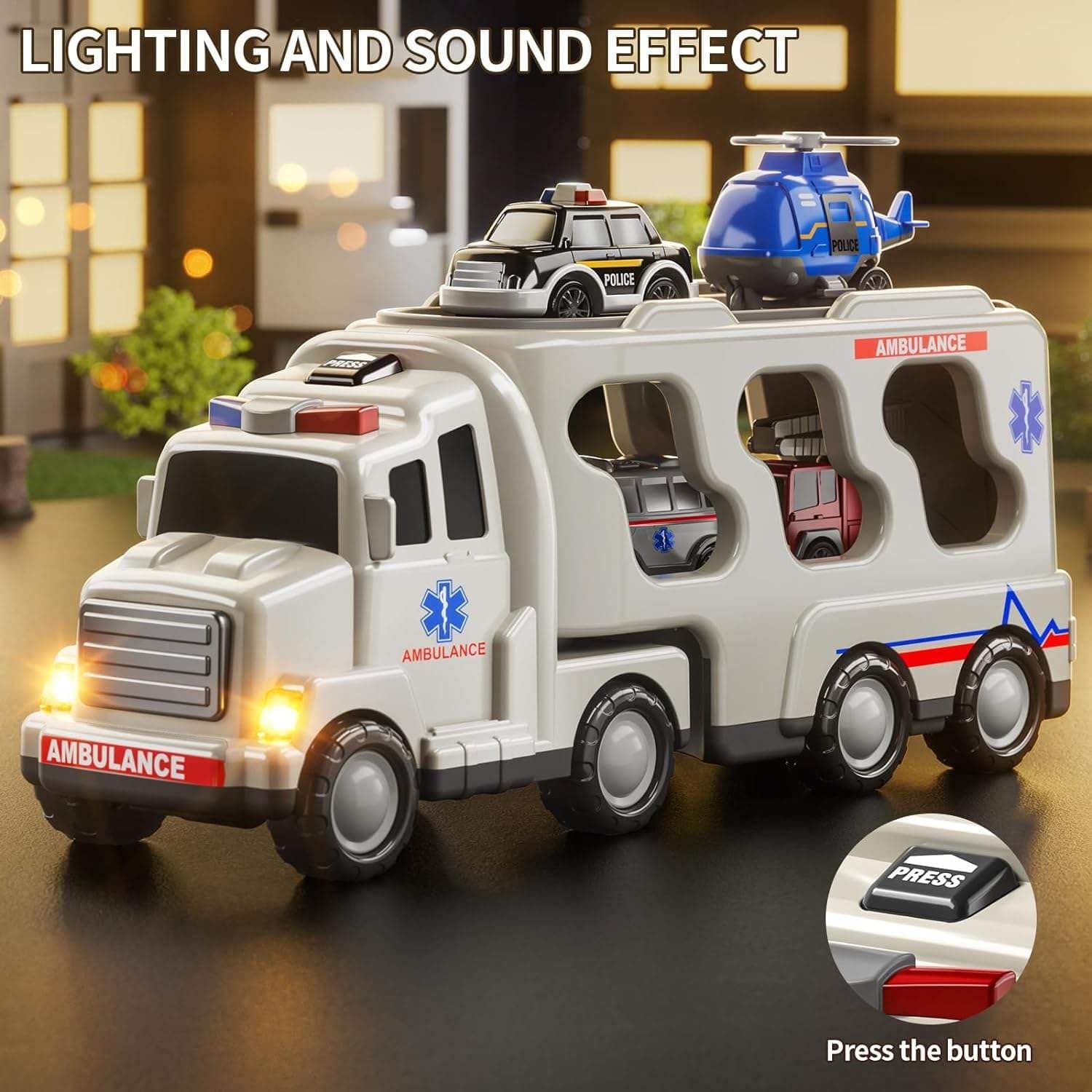Kidoyz 5-in-1 Ambulance Toy Set for Kids | Ambulance for Kids with Lights & Sound, Movable Stretcher & Rescue Gear | Emergency Medical Carrier Vehicle | Friction Powered Playset for Boys & Girls — view 3