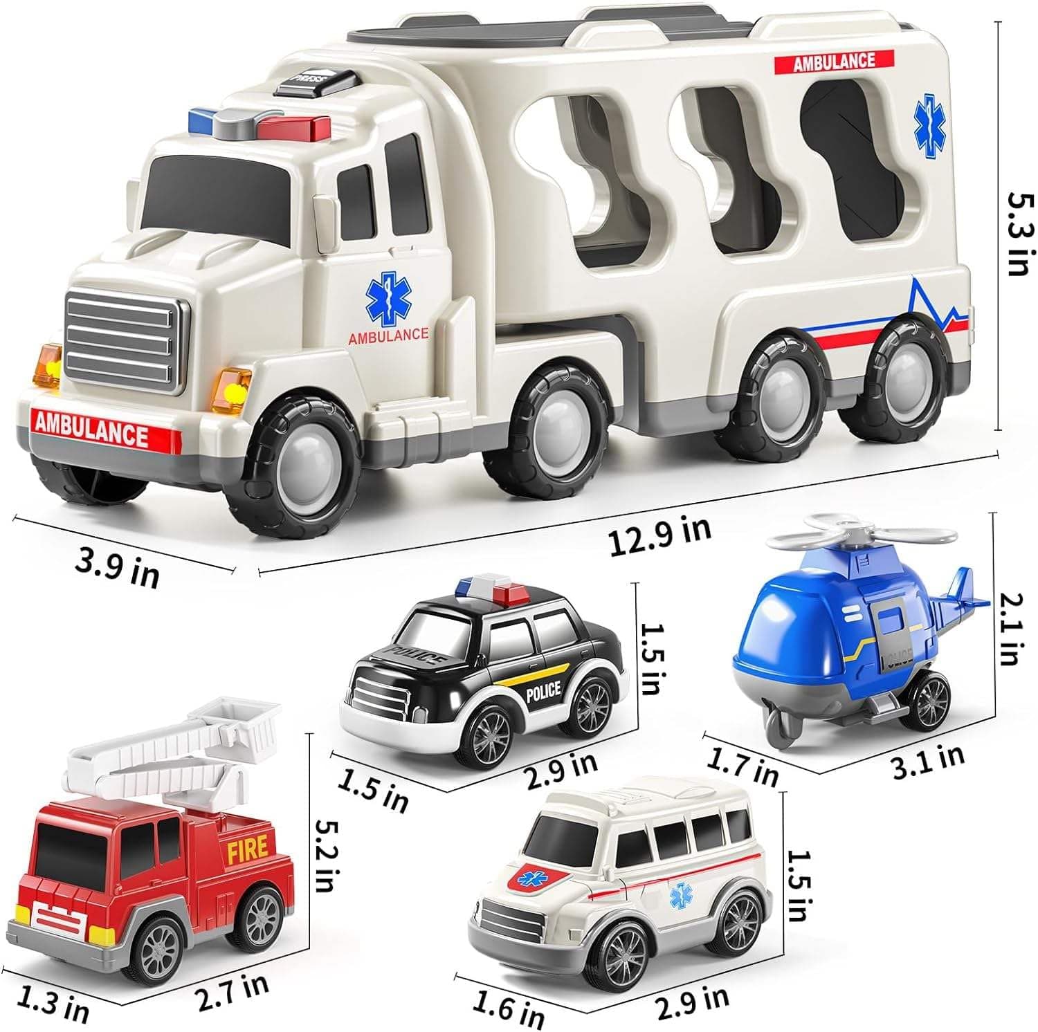 Kidoyz 5-in-1 Ambulance Toy Set for Kids | Ambulance for Kids with Lights & Sound, Movable Stretcher & Rescue Gear | Emergency Medical Carrier Vehicle | Friction Powered Playset for Boys & Girls — view 4