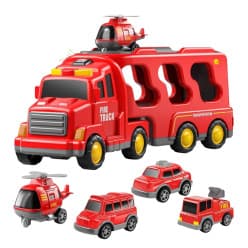 Kidoyz 5-in-1 Fire Truck Toy Set for Kids | Fire Truck for Kids with Lights & Sound, Movable Ladder & Crane | Emergency Rescue Carrier Vehicle | Friction Powered Playset for Boys & Girls Ages 3-7