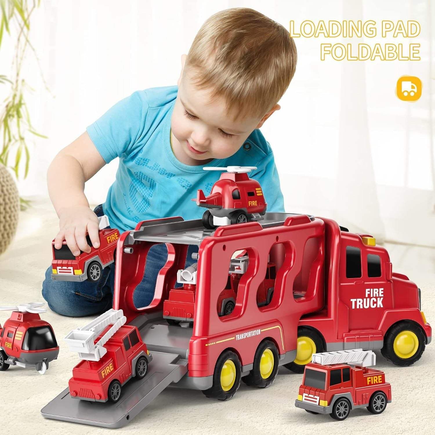 Kidoyz 5-in-1 Fire Truck Toy Set for Kids | Fire Truck for Kids with Lights & Sound, Movable Ladder & Crane | Emergency Rescue Carrier Vehicle | Friction Powered Playset for Boys & Girls Ages 3-7 — view 3