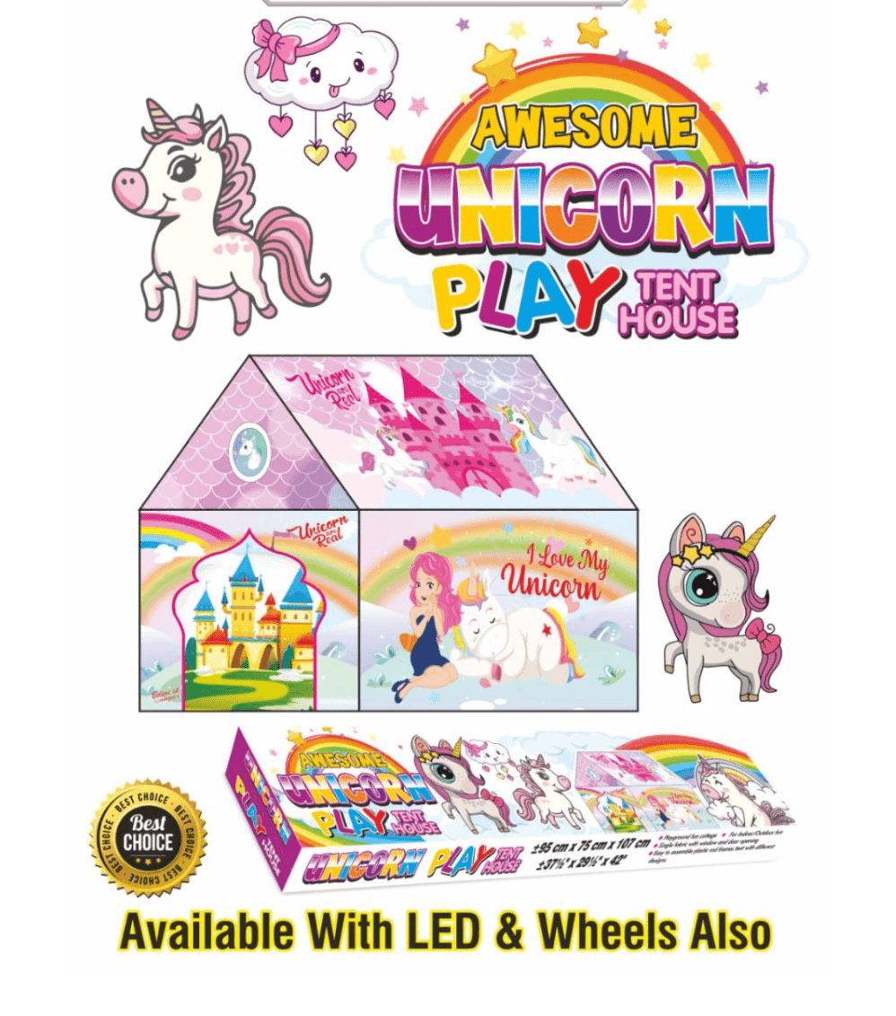 Kidoyz Awesome Unicorn Play Tent House with LED Lights for Kids | Rectangle Box Packaging | 3x3x3.5 ft | Unicorn Theme Girls Tent