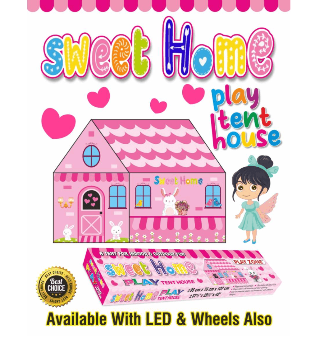 Kidoyz Sweet Home Play Tent House with LED Lights for Kids | Rectangle Box Packaging | 3x3x3.5 ft | House Theme Girls Tent