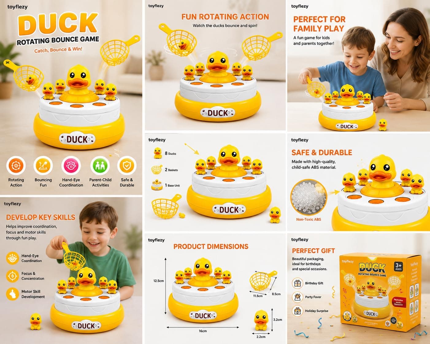 Kidoyz Duck Rotating Bounce Catching Game for Kids with 2 Baskets & Cute Duck Figures, Interactive Hand-Eye Coordination Family Activity Toy — view 3