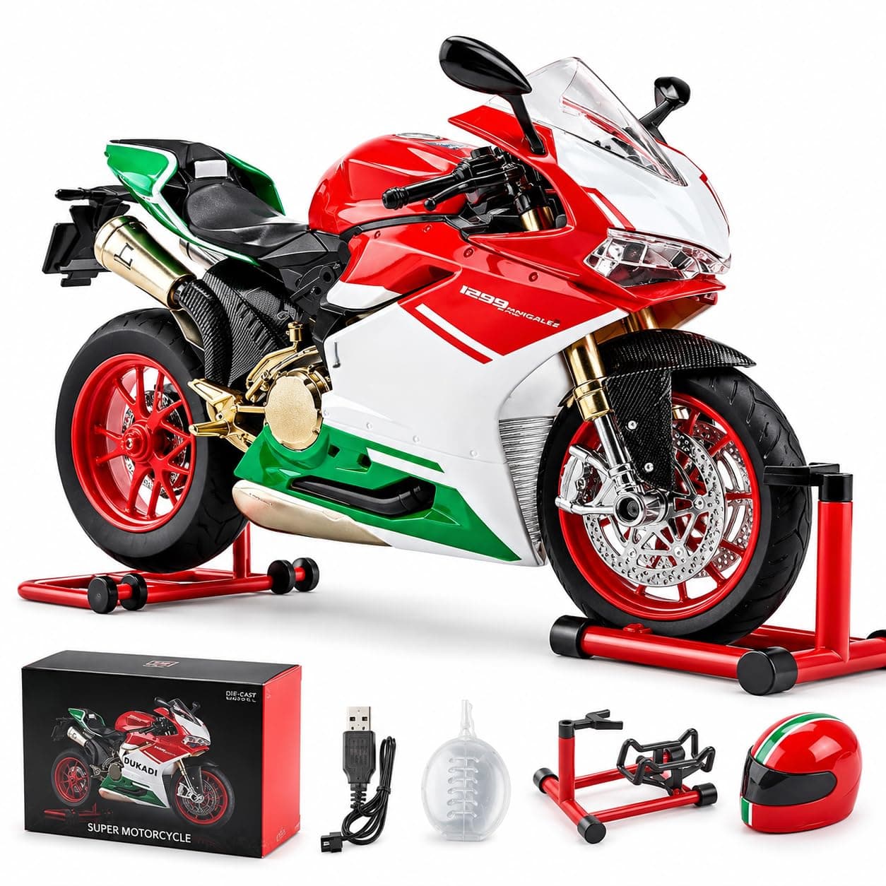 KIDOYZ Ducati Panigale Diecast Motorcycle Toy 1:9 Scale | 23.5cm Model Bike with LED Lights, Sound Effects, Ignition & Smoke Spray | Red White Green