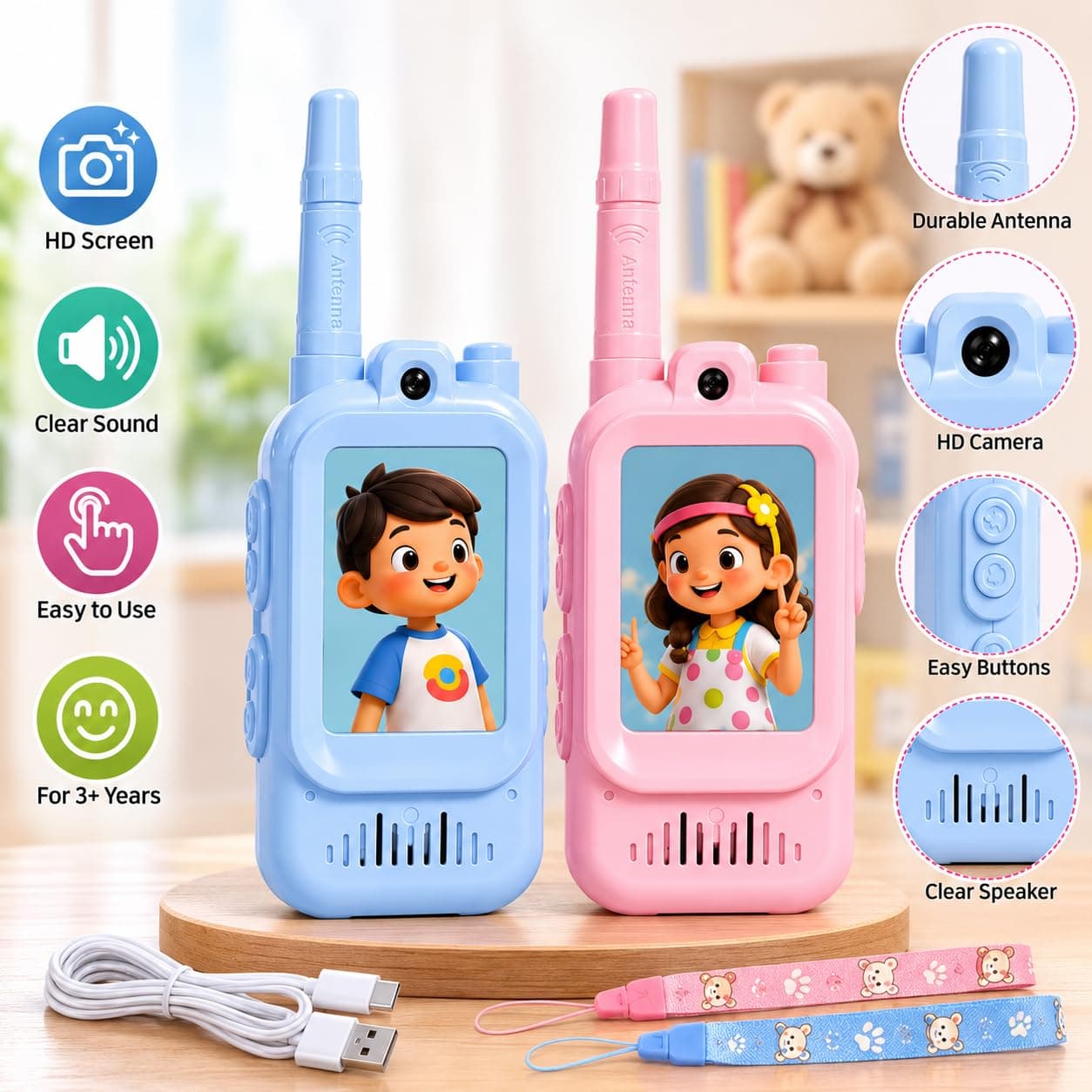 KIDOYZ Video Calling Toy Set Pack of 2 | Interactive Kids Walkie Talkie with Camera, Speaker, Push-to-Talk & Voice Changer | Pink & Blue | Type-C Rechargeable — view 2