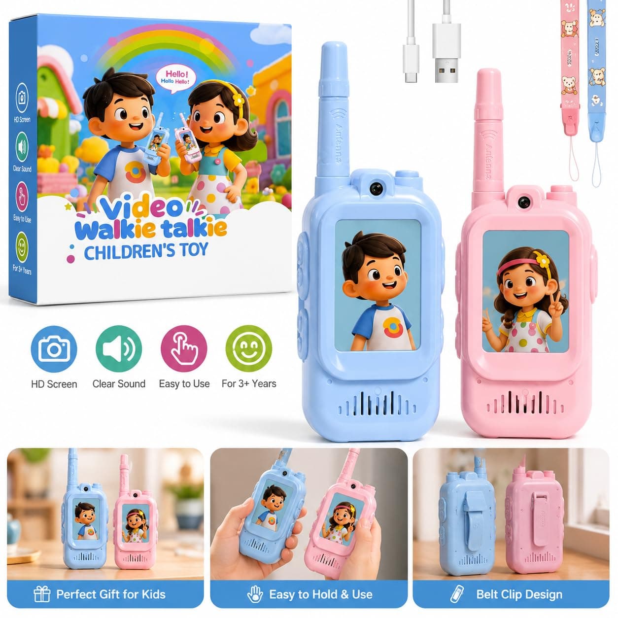 KIDOYZ Video Calling Toy Set Pack of 2 | Interactive Kids Walkie Talkie with Camera, Speaker, Push-to-Talk & Voice Changer | Pink & Blue | Type-C Rechargeable — view 4