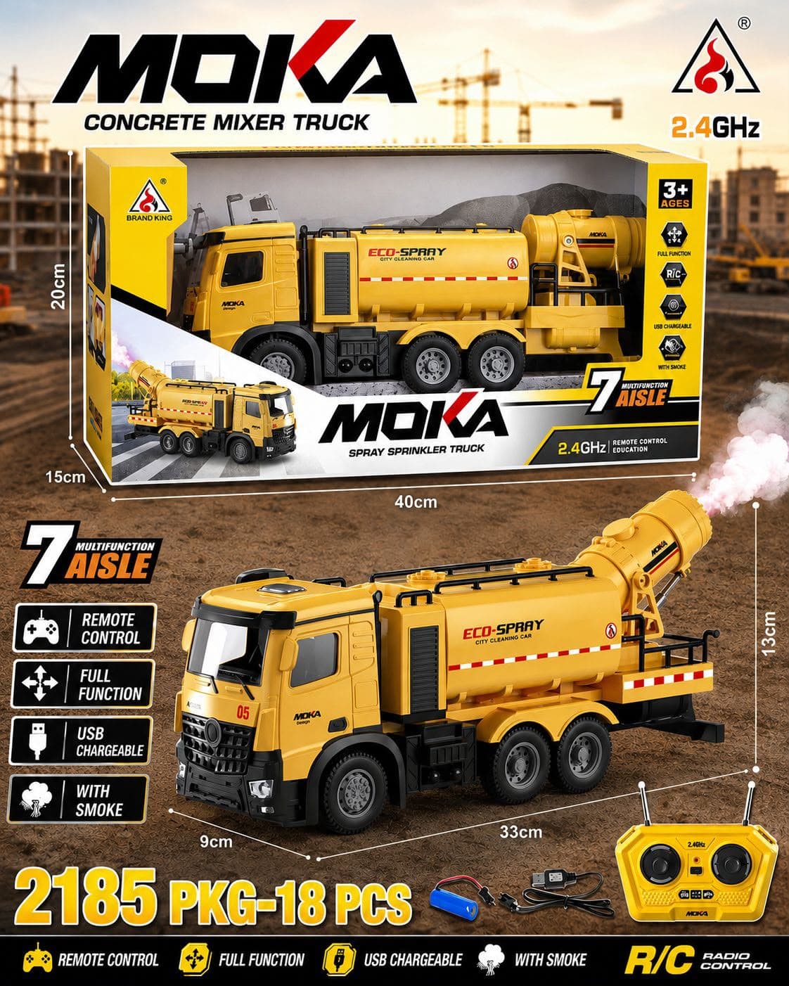 MOKA 2.4GHz Remote Control Eco-Spray City Cleaning Tanker Truck Toy with Realistic Mist Smoke Effect & LED Lights for Kids