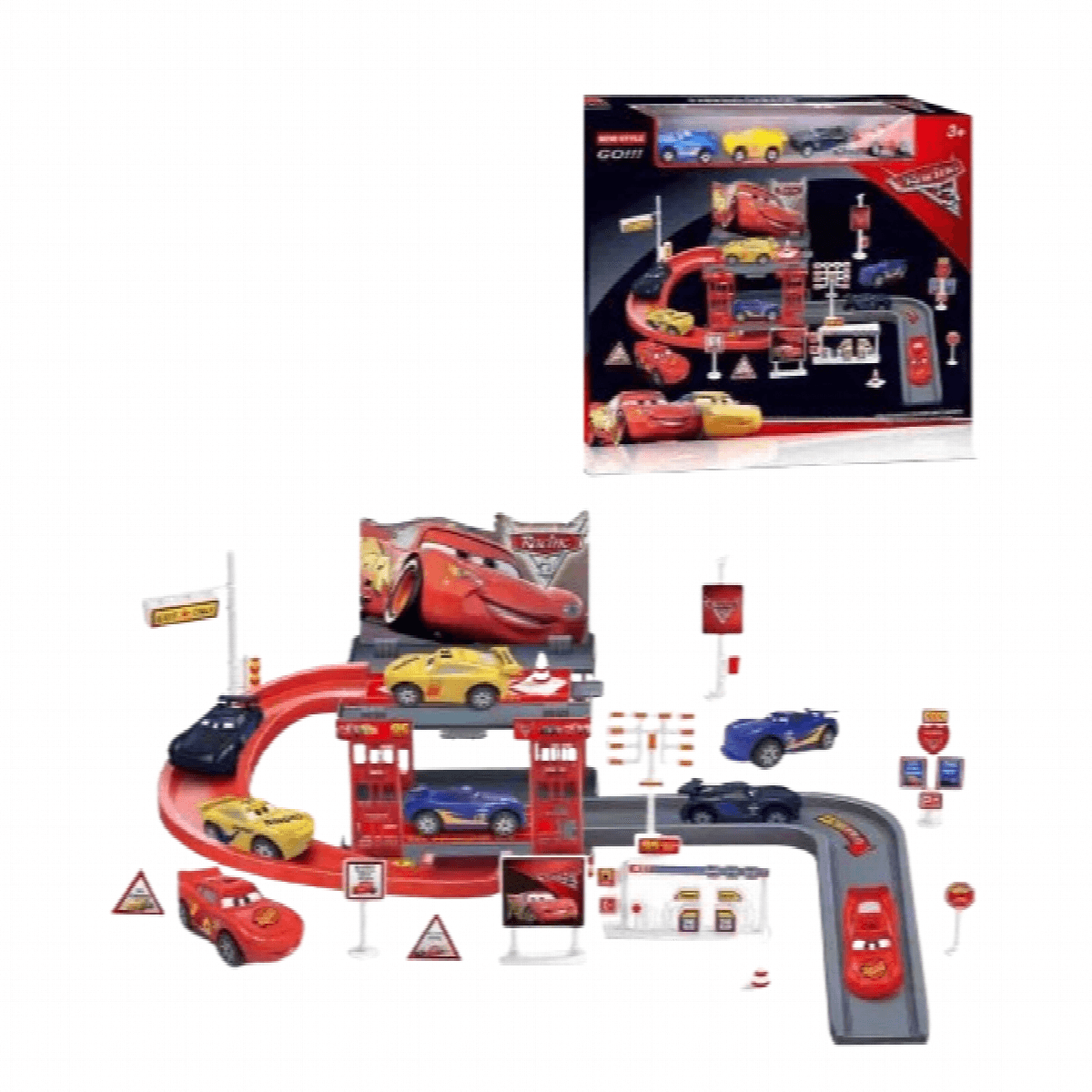 McQueen Disney Pixar Cars Themed Multi-Level Racing Track & Parking Garage Toy Playset with Die-Cast Cars