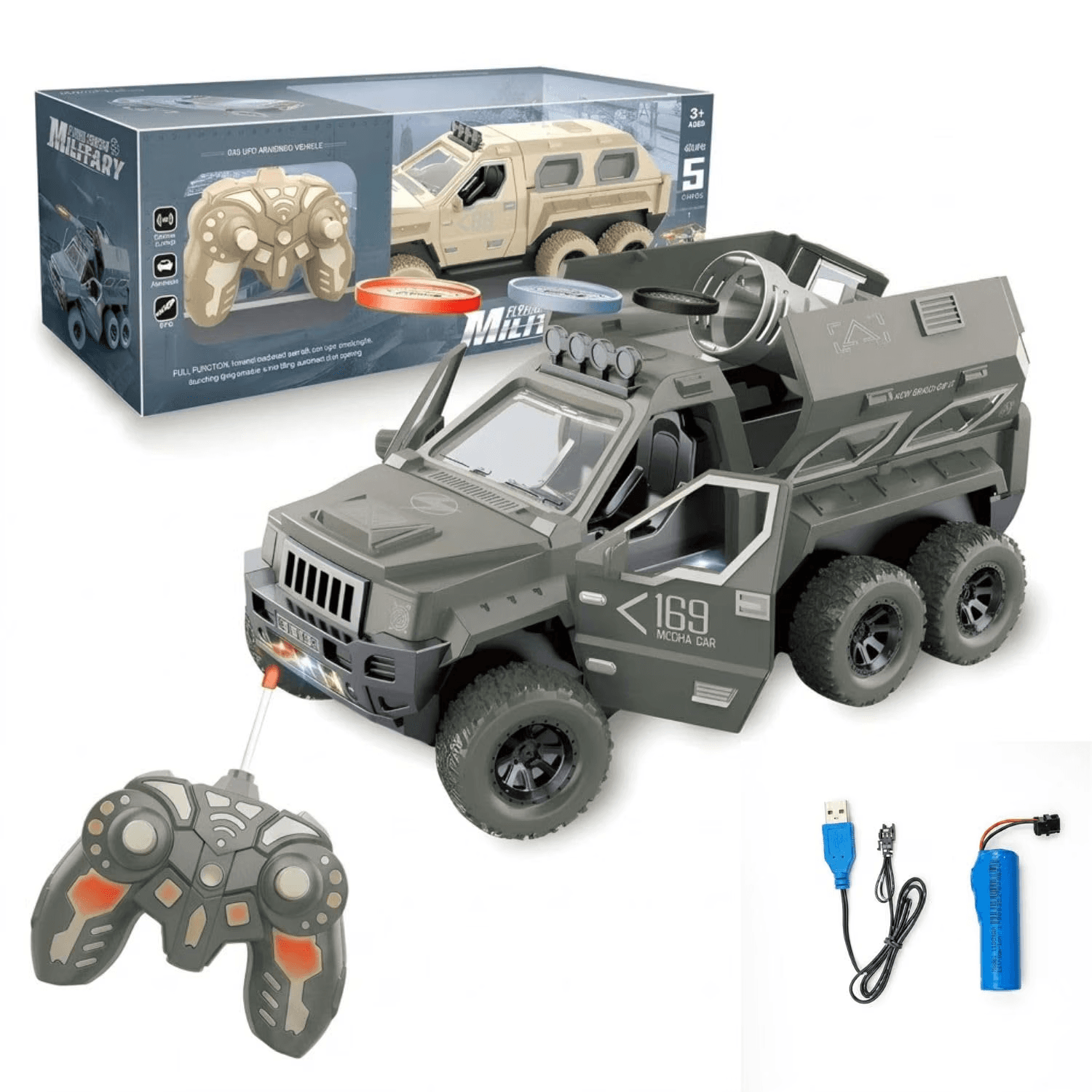Kidoyz RC UFO Armed Armored Car Toy with Flying Disc Launcher, 6-Wheel Off Road Remote Control Truck with LED Lights, Music, Auto Doors, Kids Military Vehicle