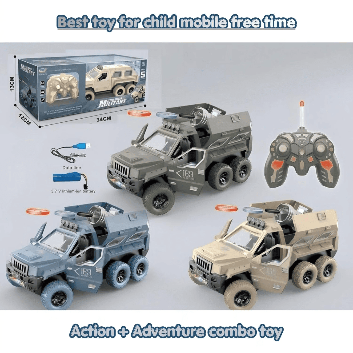 Kidoyz RC UFO Armed Armored Car Toy with Flying Disc Launcher, 6-Wheel Off Road Remote Control Truck with LED Lights, Music, Auto Doors, Kids Military Vehicle — view 4