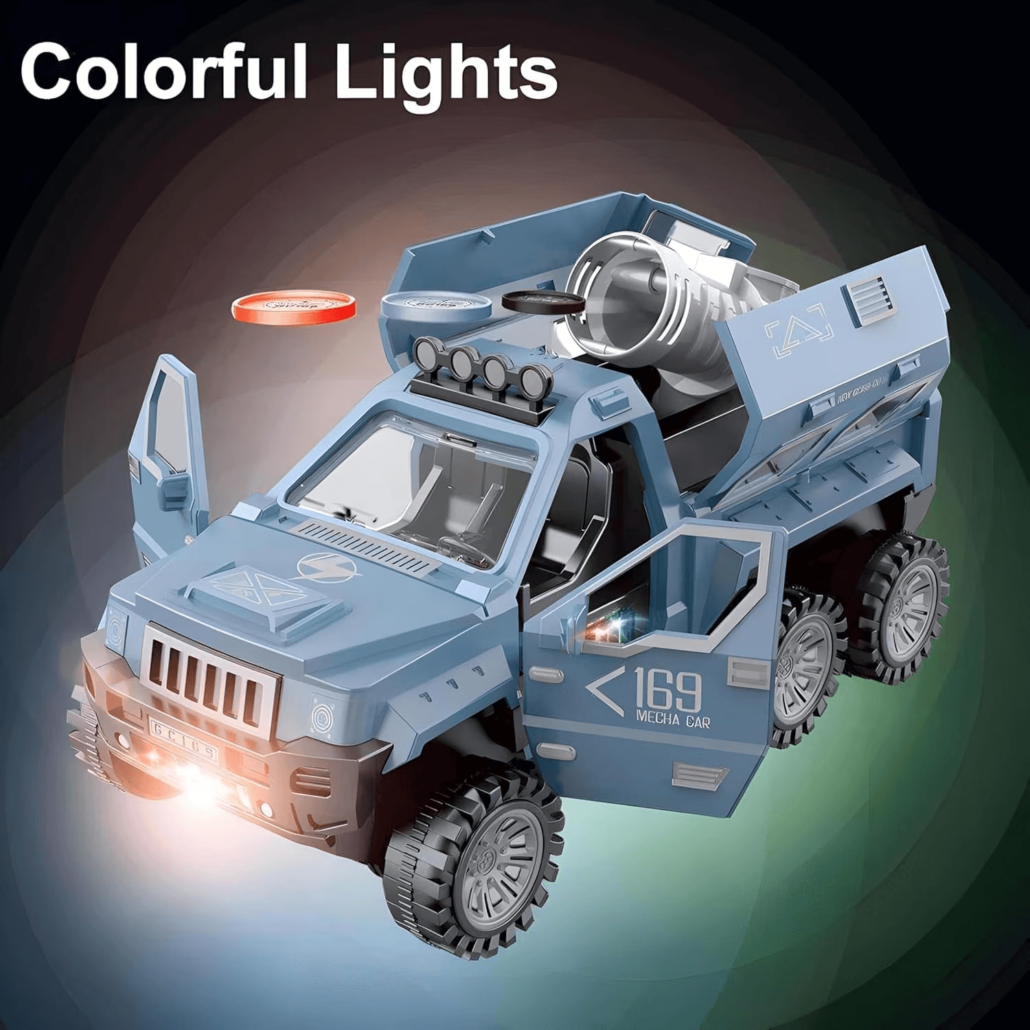 Kidoyz RC UFO Armed Armored Car Toy with Flying Disc Launcher, 6-Wheel Off Road Remote Control Truck with LED Lights, Music, Auto Doors, Kids Military Vehicle — view 5