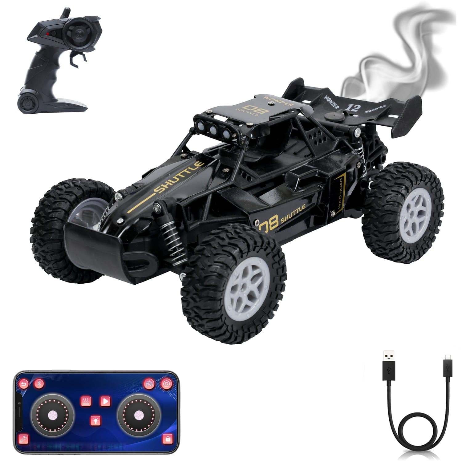 Rock Raider Pro RC Off-Road Buggy | App + 2.4GHz Remote Control  | Mist Exhaust Effect | LED Light Bar | 45° Climbing |  Rechargeable Type-C | Gift for Boys | Ages 6+