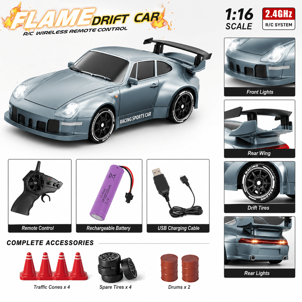 Flame Drift RC Racing Car 1:18 Scale | 2.4GHz Remote + App +  Watch Gesture Control | LED Lights | Replaceable Drift & Racing  Tyres | High Speed Drift Car for Boys | Ages 3+ — view 3