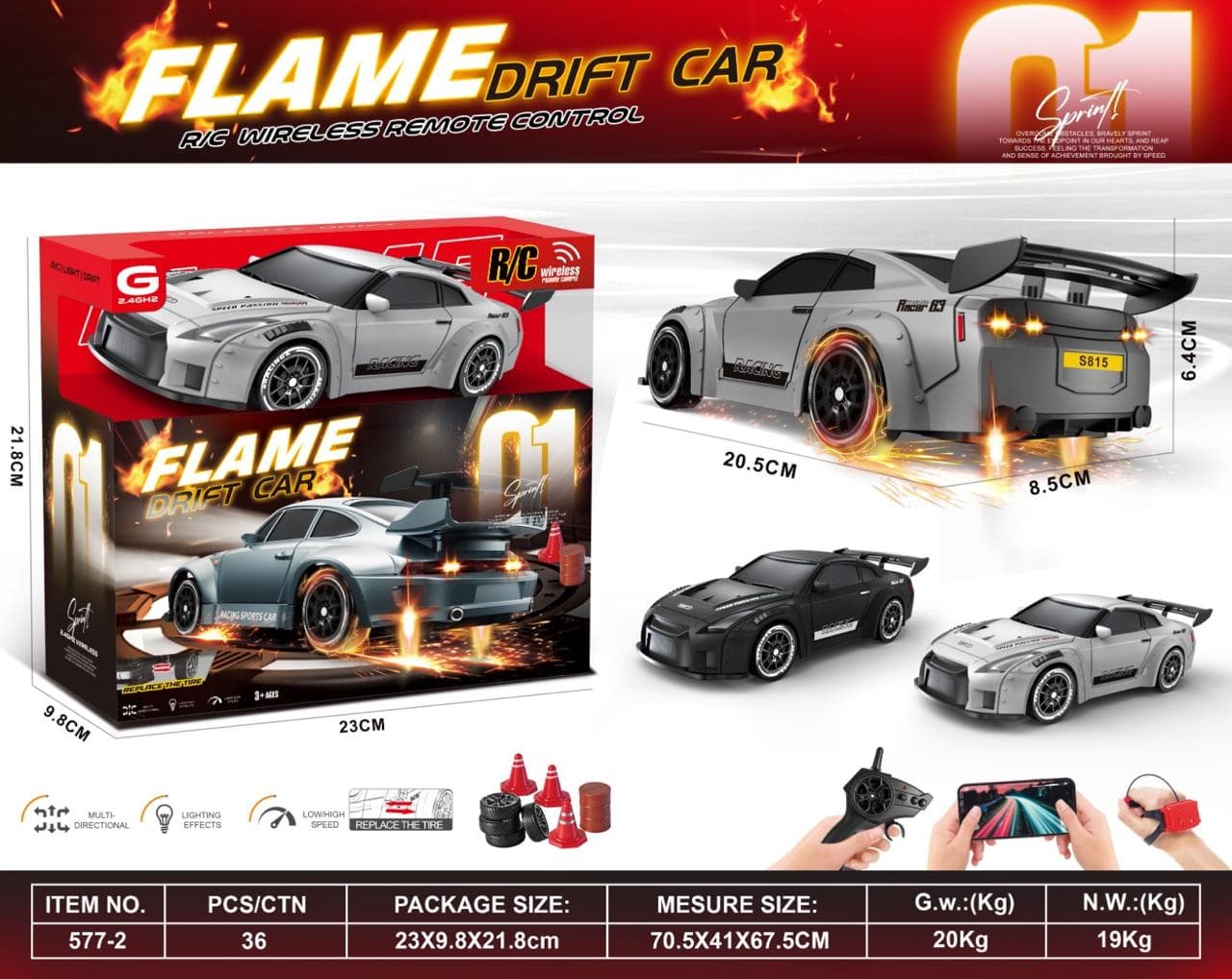 Flame Drift RC Racing Car 1:18 Scale | 2.4GHz Remote + App +  Watch Gesture Control | LED Lights | Replaceable Drift & Racing  Tyres | High Speed Drift Car for Boys | Ages 3+ — view 4