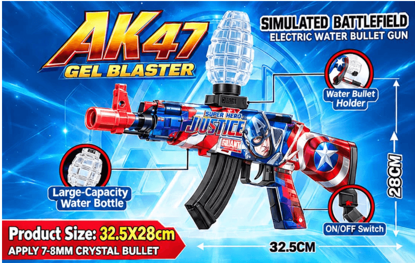 Avengers AK47 Gel Blaster Gun | Electric Auto Water Crystal Bullet Toy |  7-8mm Gel Balls | Rechargeable 3.7V | Two-Player Simulated  Battlefield | Superhero Theme | 4 Colours | Ages 14+