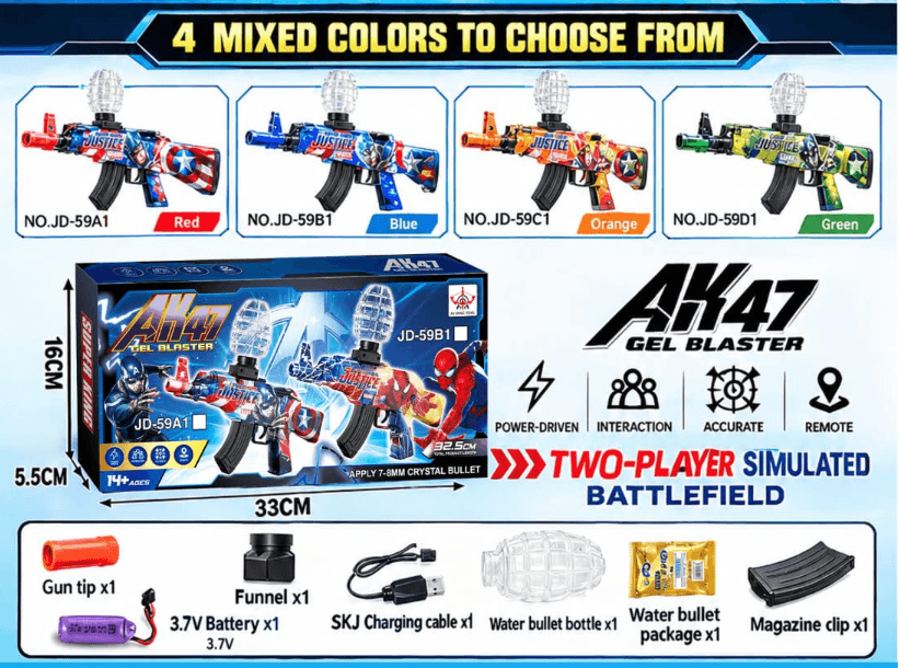 Avengers AK47 Gel Blaster Gun | Electric Auto Water Crystal Bullet Toy |  7-8mm Gel Balls | Rechargeable 3.7V | Two-Player Simulated  Battlefield | Superhero Theme | 4 Colours | Ages 14+ — view 3