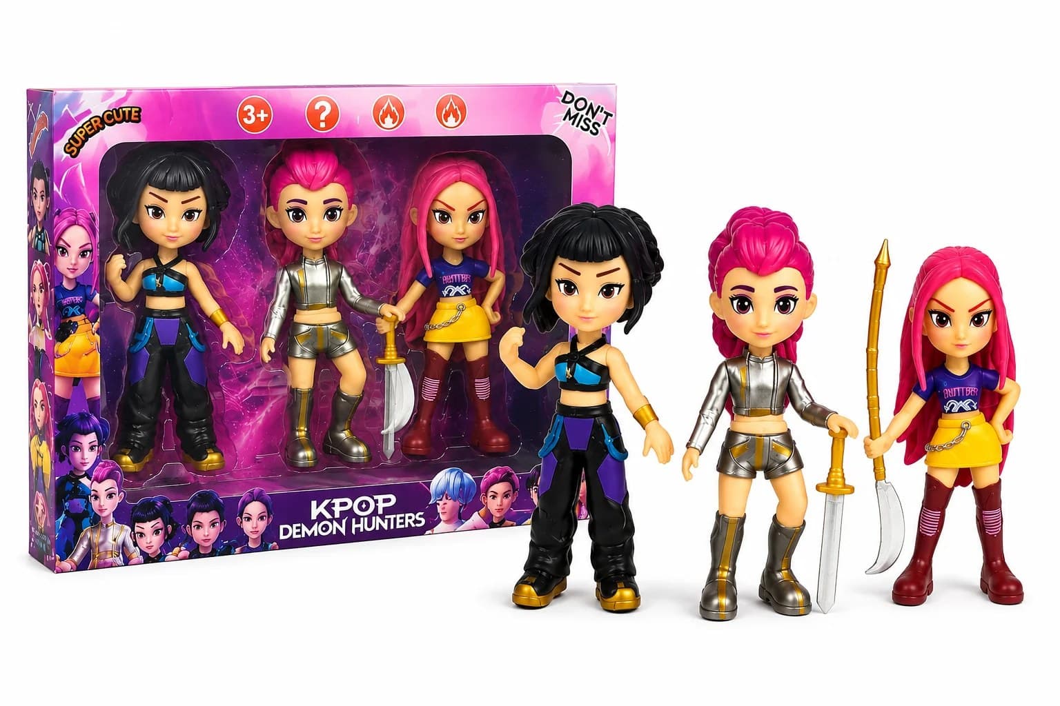 KPOP Demon Hunters Action Figure Set | 3 Collectible High Quality Anime-Style Figures with Weapons | Fantasy Character Toy Gift for Kids, Collectors & Display