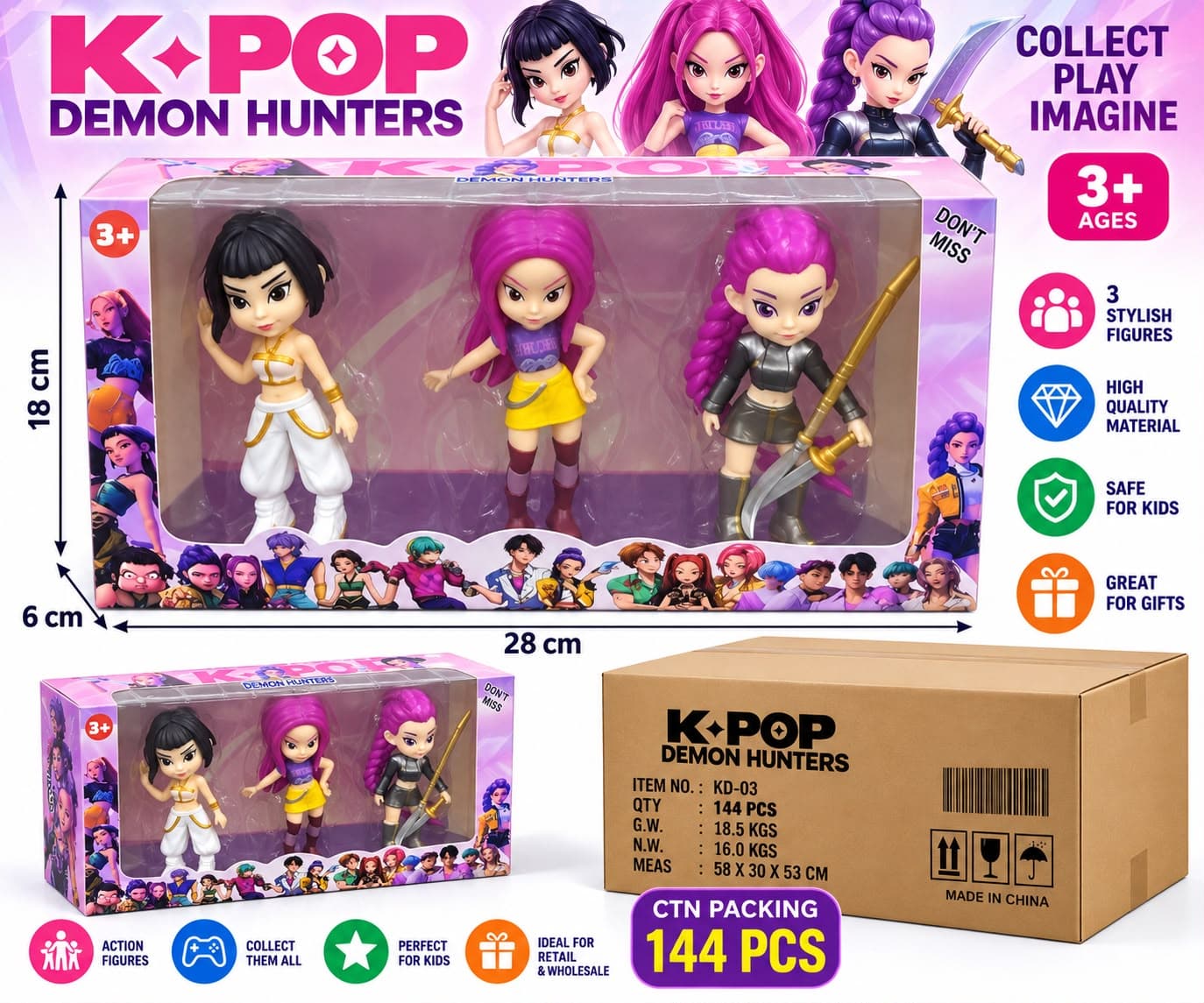 KPOP Demon Hunters Action Figure Set | 3 Collectible High Quality Anime-Style Figures with Weapons | Fantasy Character Toy Gift for Kids, Collectors & Display — view 3