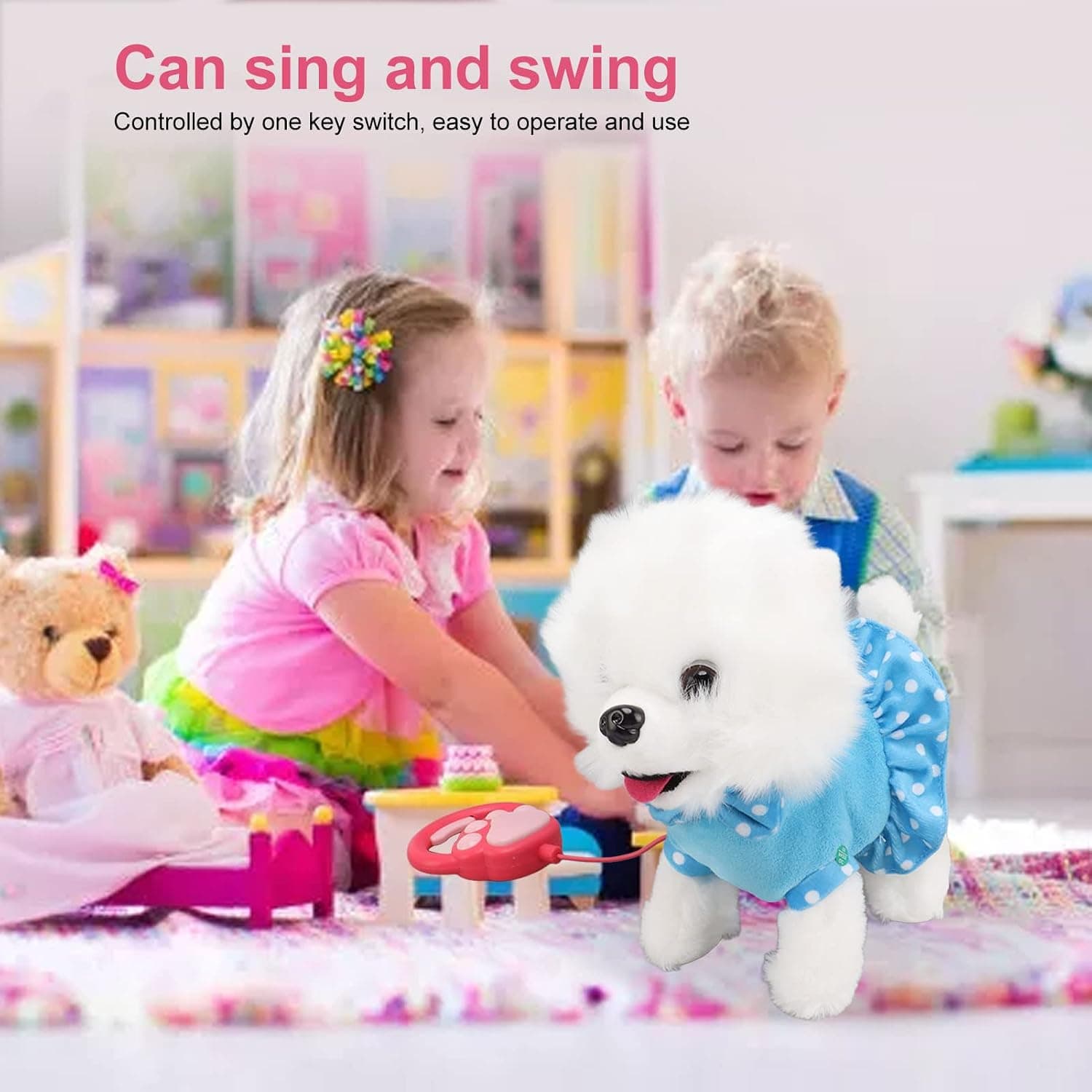 Samoyed Walking Dog Barking Toy Dog for Kid Girl Dog ToyToddler Interactive DogThat Walk Licking Doggy Puppy with Leash, Electric Talking Singing Tail Wag Plush Pretend Dress Up Birthday Gift — view 4