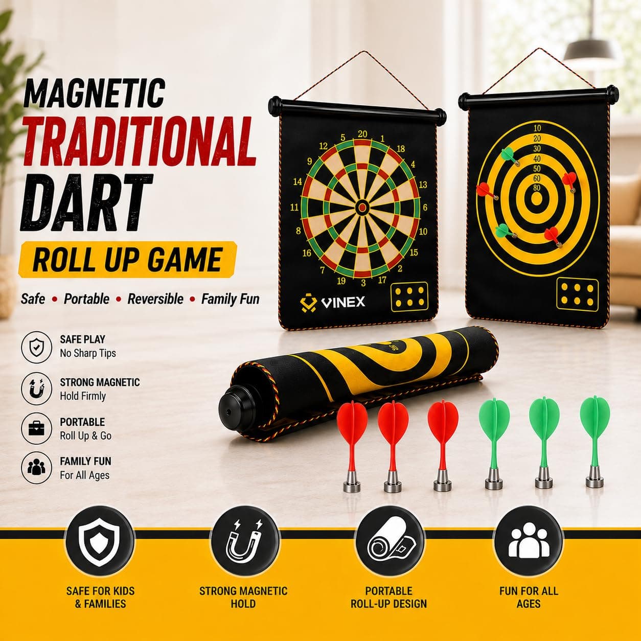 Kidoyz 17 inch Magnetic Roll-Up Dart Board Set with 6 Darts — view 5