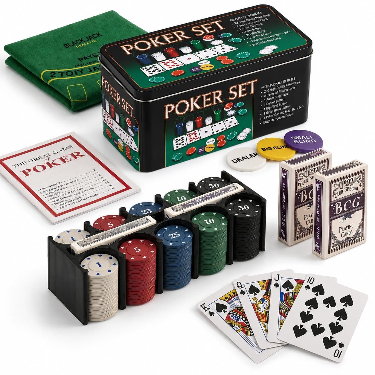Adult Casino Style Poker Chips Set | 200 Pcs Chips with Tin Case, 2 Decks of Cards, Dealer Button, Big & Small Blind Buttons and 36” x 24” Playing Mat | Classic Multiplayer Poker Game