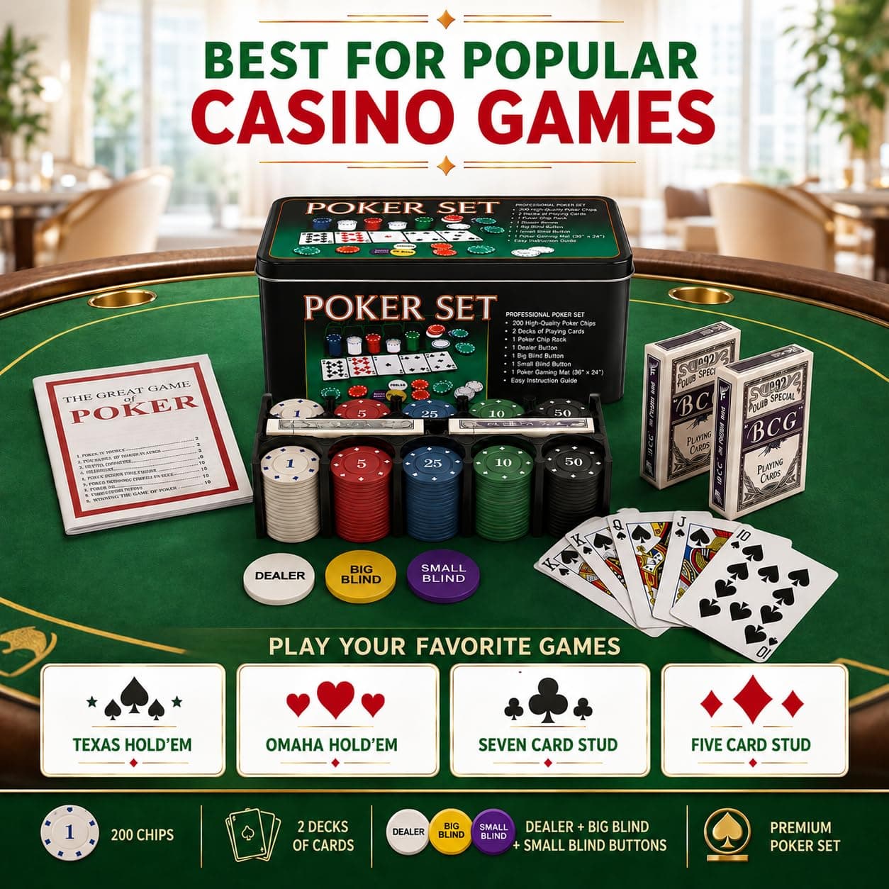 Adult Casino Style Poker Chips Set | 200 Pcs Chips with Tin Case, 2 Decks of Cards, Dealer Button, Big & Small Blind Buttons and 36” x 24” Playing Mat | Classic Multiplayer Poker Game — view 3