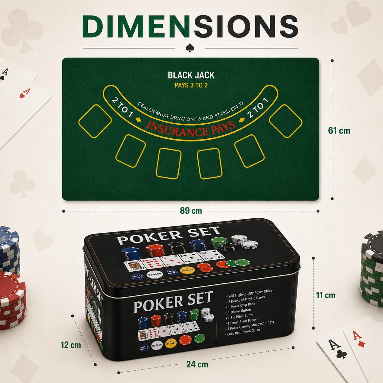 Adult Casino Style Poker Chips Set | 200 Pcs Chips with Tin Case, 2 Decks of Cards, Dealer Button, Big & Small Blind Buttons and 36” x 24” Playing Mat | Classic Multiplayer Poker Game — view 4