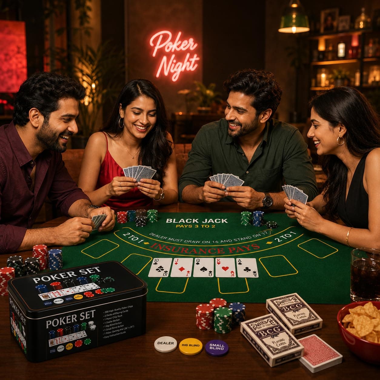 Adult Casino Style Poker Chips Set | 200 Pcs Chips with Tin Case, 2 Decks of Cards, Dealer Button, Big & Small Blind Buttons and 36” x 24” Playing Mat | Classic Multiplayer Poker Game — view 5
