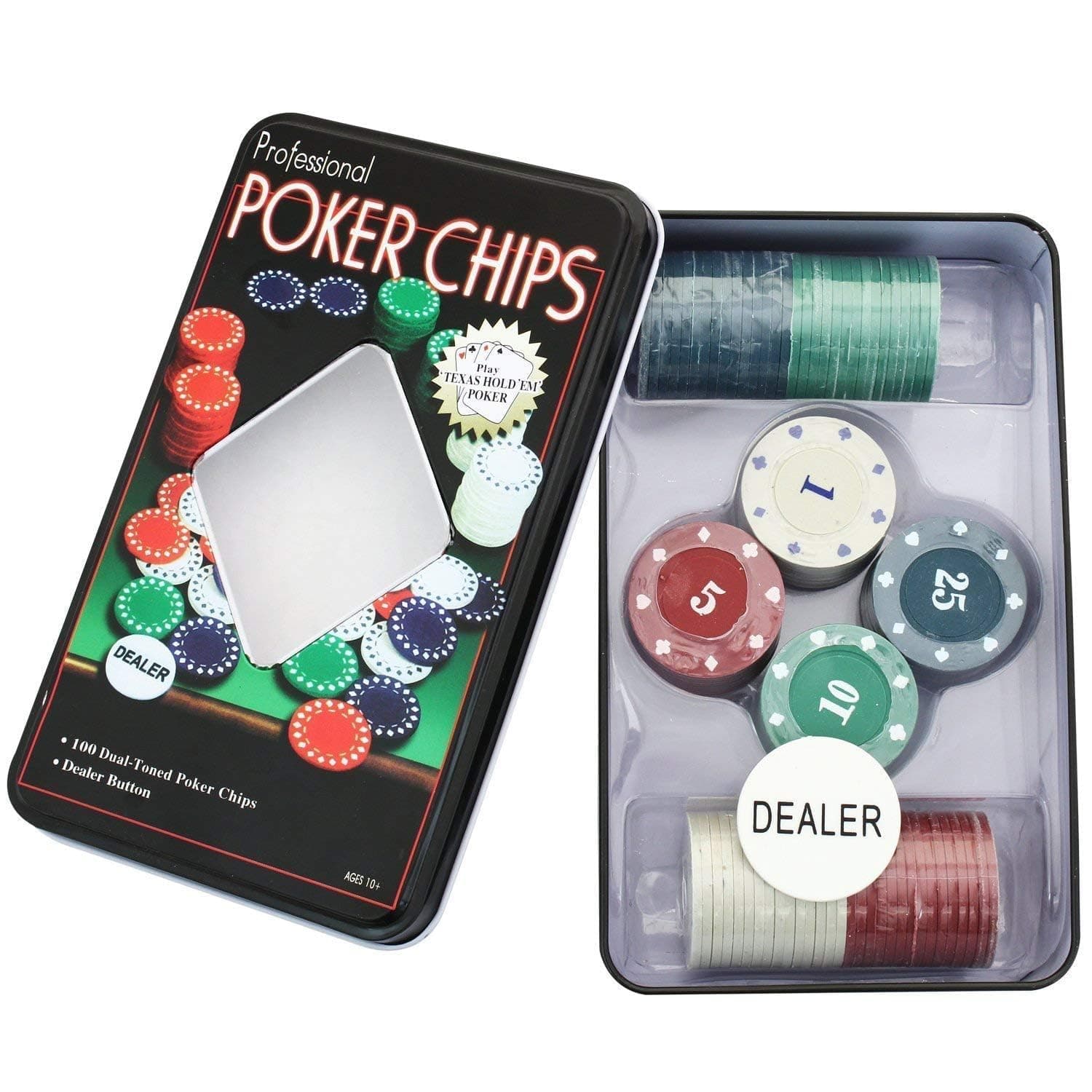 Kidoyz Adult Casino Style 100 Pcs Poker Chips Set in a Tin Case with 1 Dealer Button (Classic Multiplayer Game)
