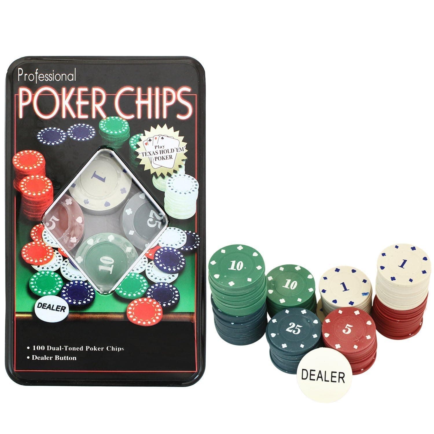 Kidoyz Adult Casino Style 100 Pcs Poker Chips Set in a Tin Case with 1 Dealer Button (Classic Multiplayer Game) — view 4