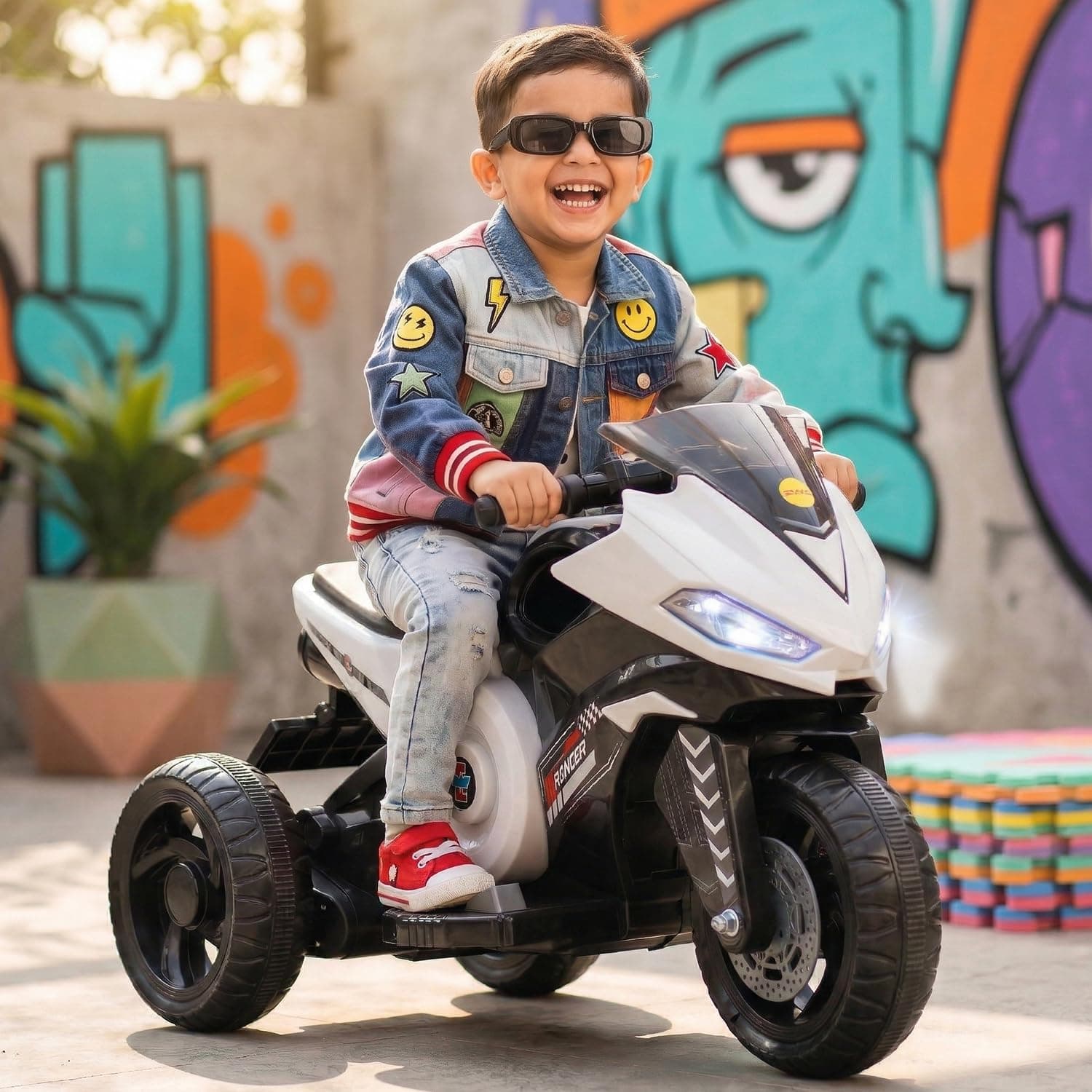 Kidoyz Ranger X Electric Bike (White) | 6V Rechargeable Bike for Kids with 4.5Ah Battery | LED Lights, Music, MP3/USB/BT | Smooth Acceleration | 6M Battery Warranty | Age 2-8 Years, Up to 35kg