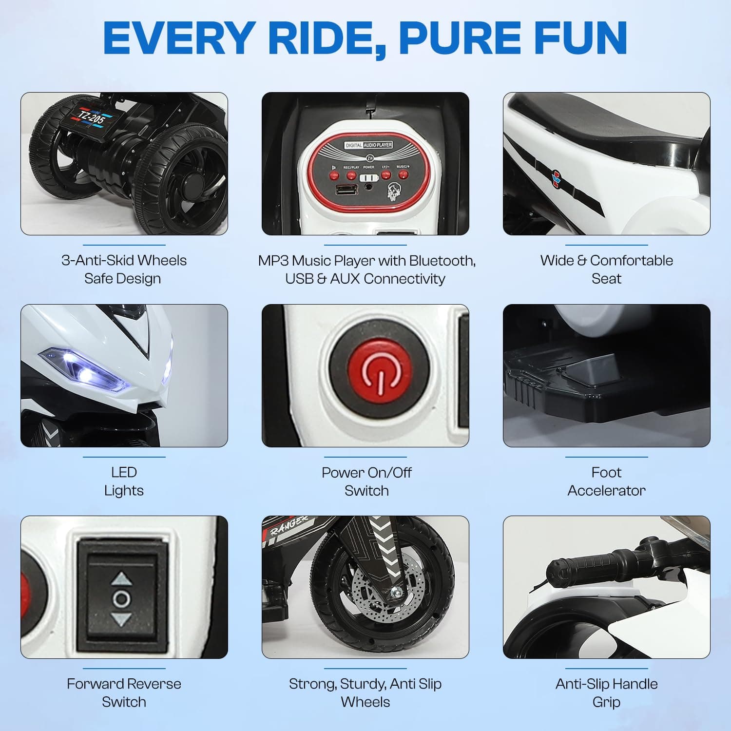Kidoyz Ranger X Electric Bike (White) | 6V Rechargeable Bike for Kids with 4.5Ah Battery | LED Lights, Music, MP3/USB/BT | Smooth Acceleration | 6M Battery Warranty | Age 2-8 Years, Up to 35kg — view 2