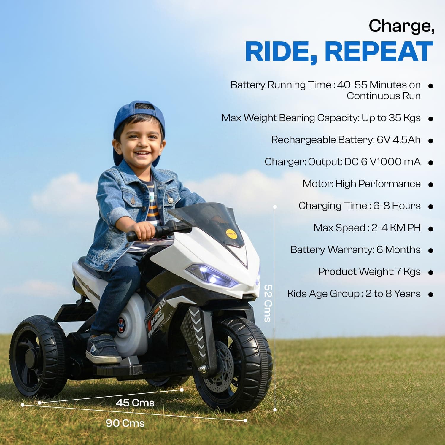 Kidoyz Ranger X Electric Bike (White) | 6V Rechargeable Bike for Kids with 4.5Ah Battery | LED Lights, Music, MP3/USB/BT | Smooth Acceleration | 6M Battery Warranty | Age 2-8 Years, Up to 35kg — view 5