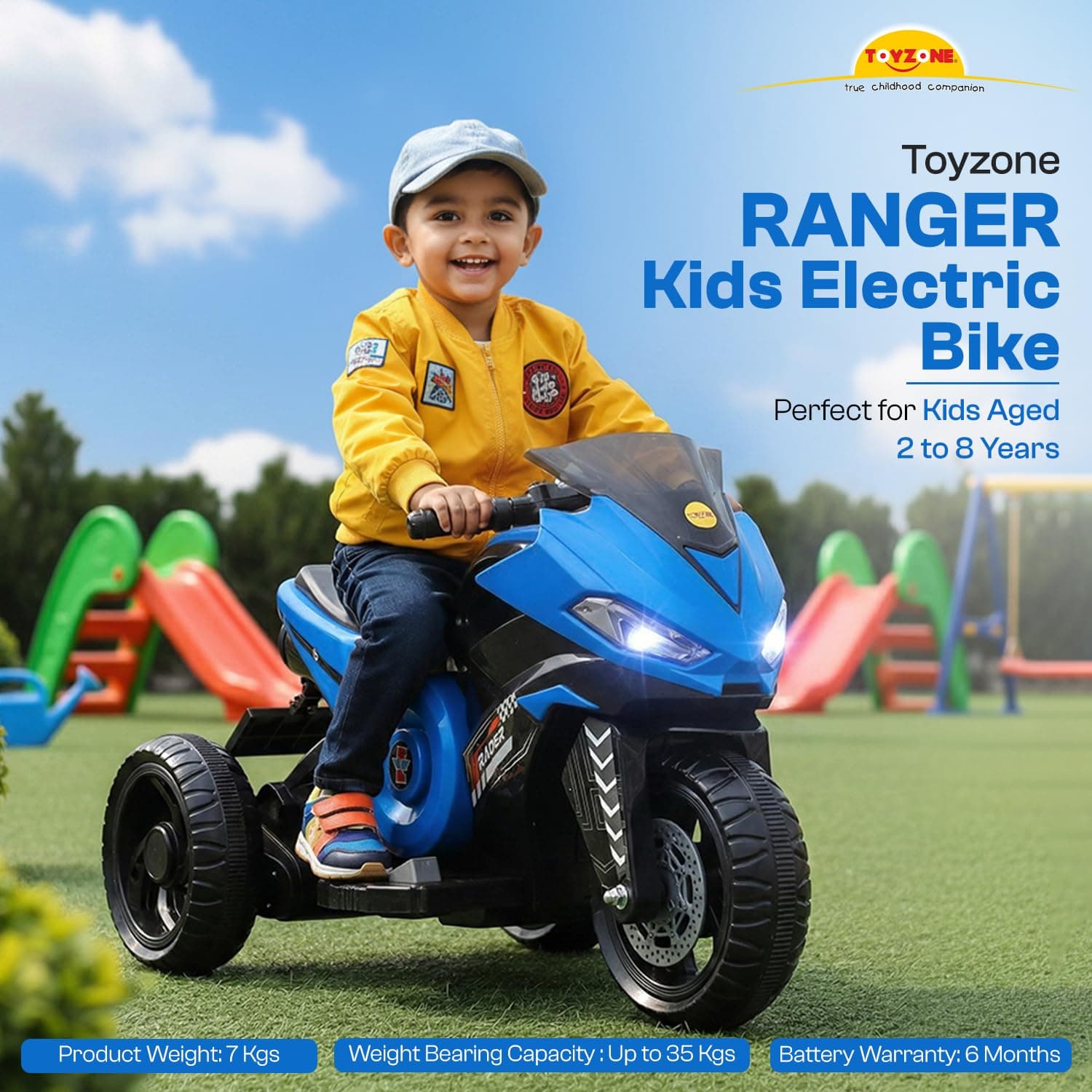 Kidoyz Ranger X Electric Bike (Blue) | 6V Rechargeable Bike for Kids with 4.5Ah Battery | LED Lights, Music, MP3/USB/BT | Smooth Acceleration | 6M Battery Warranty | Age 2-8 Years, Up to 35kg — view 2