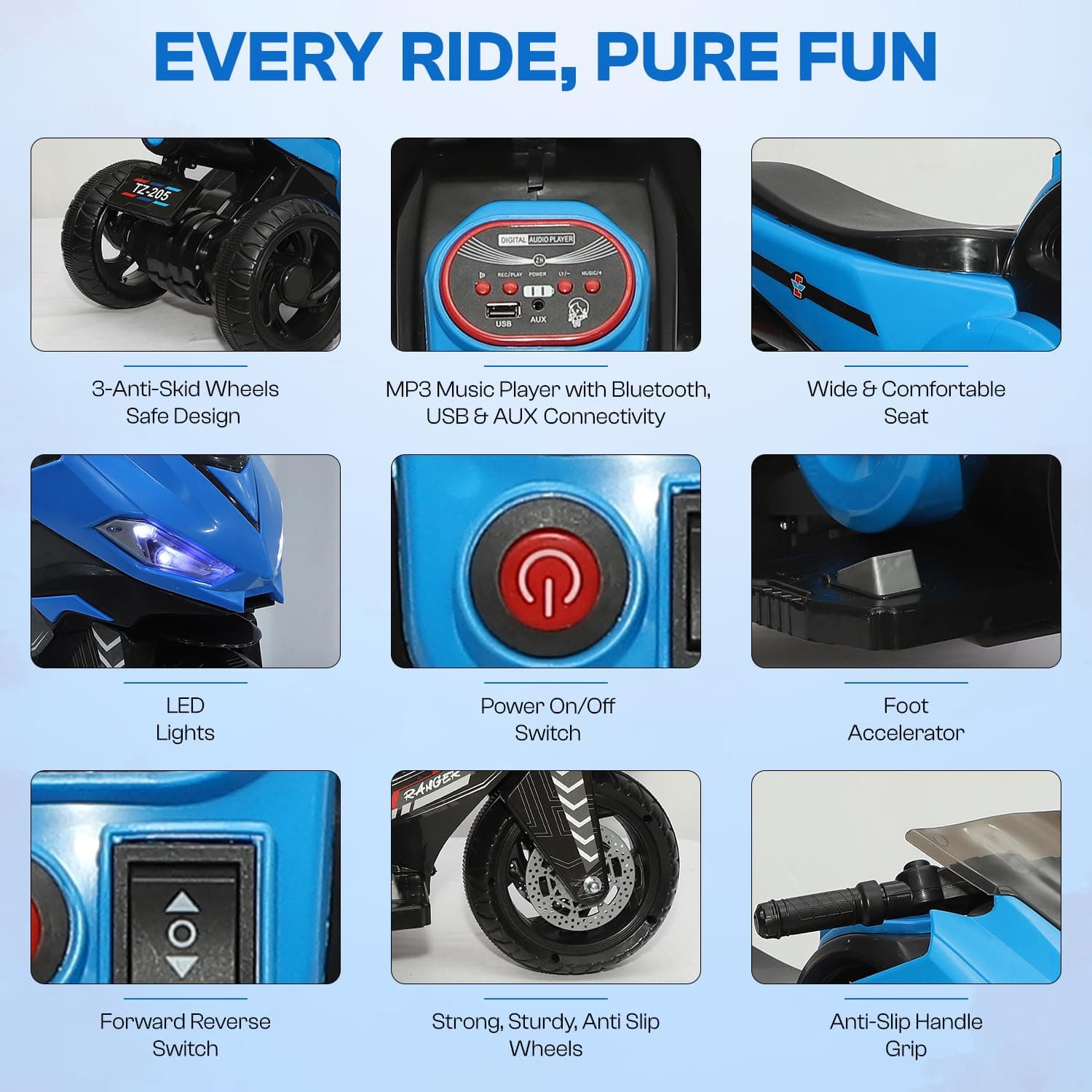 Kidoyz Ranger X Electric Bike (Blue) | 6V Rechargeable Bike for Kids with 4.5Ah Battery | LED Lights, Music, MP3/USB/BT | Smooth Acceleration | 6M Battery Warranty | Age 2-8 Years, Up to 35kg — view 3