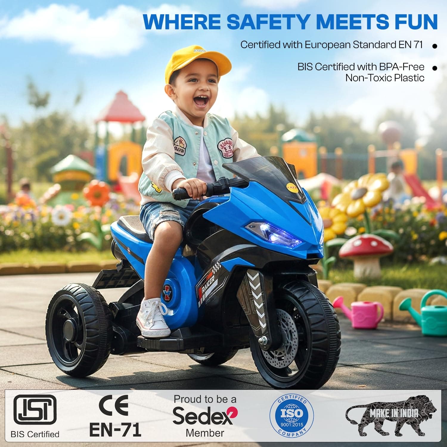 Kidoyz Ranger X Electric Bike (Blue) | 6V Rechargeable Bike for Kids with 4.5Ah Battery | LED Lights, Music, MP3/USB/BT | Smooth Acceleration | 6M Battery Warranty | Age 2-8 Years, Up to 35kg — view 4