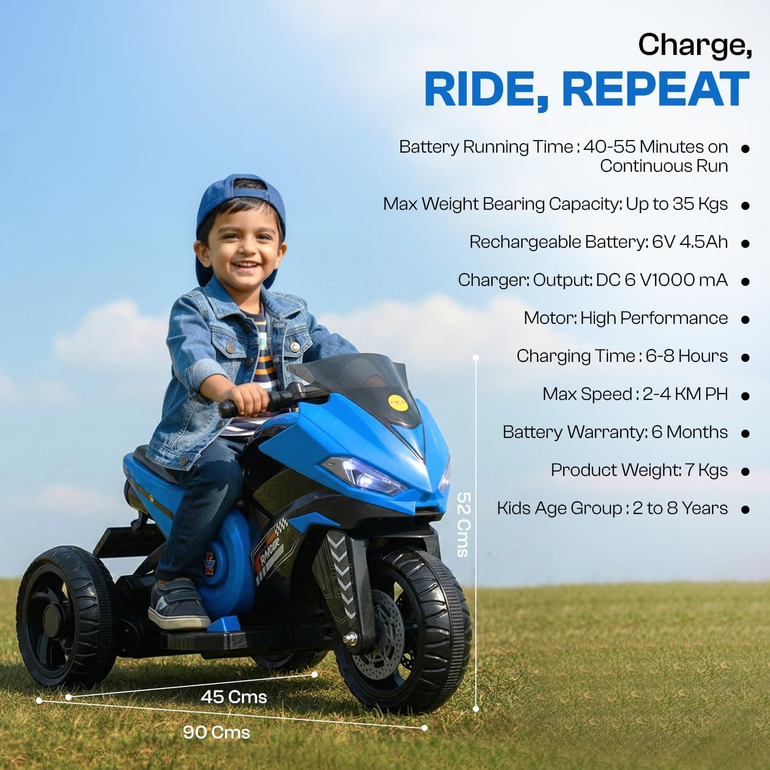 Kidoyz Ranger X Electric Bike (Blue) | 6V Rechargeable Bike for Kids with 4.5Ah Battery | LED Lights, Music, MP3/USB/BT | Smooth Acceleration | 6M Battery Warranty | Age 2-8 Years, Up to 35kg — view 5