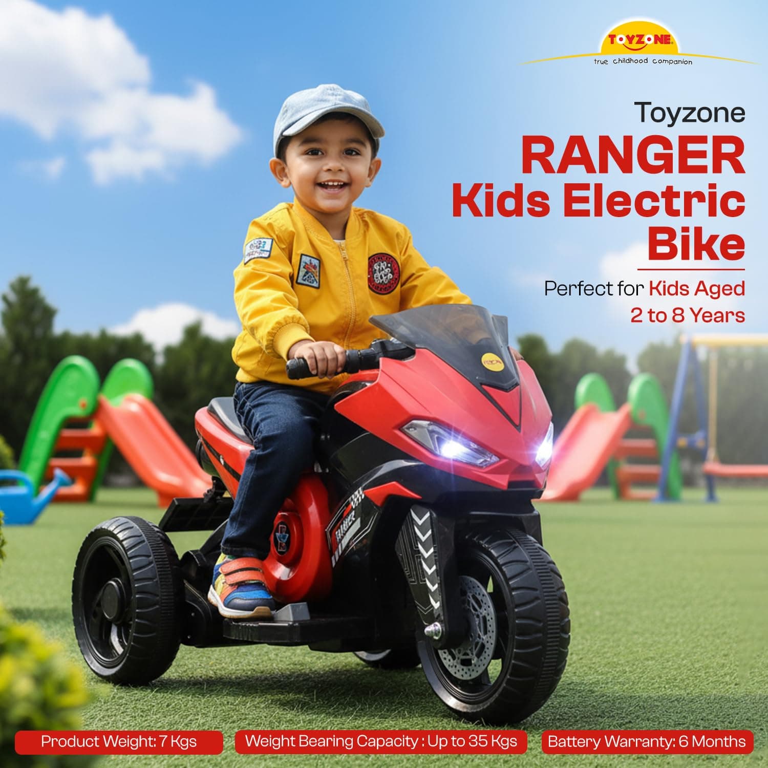 Kidoyz X Electric Bike (Red) | 6V Rechargeable Bike for Kids with 4.5Ah Battery | LED Lights, Music, MP3/USB/BT | Smooth Acceleration | 6M Battery Warranty | Age 2-6 Years, Up to 35kg — view 2