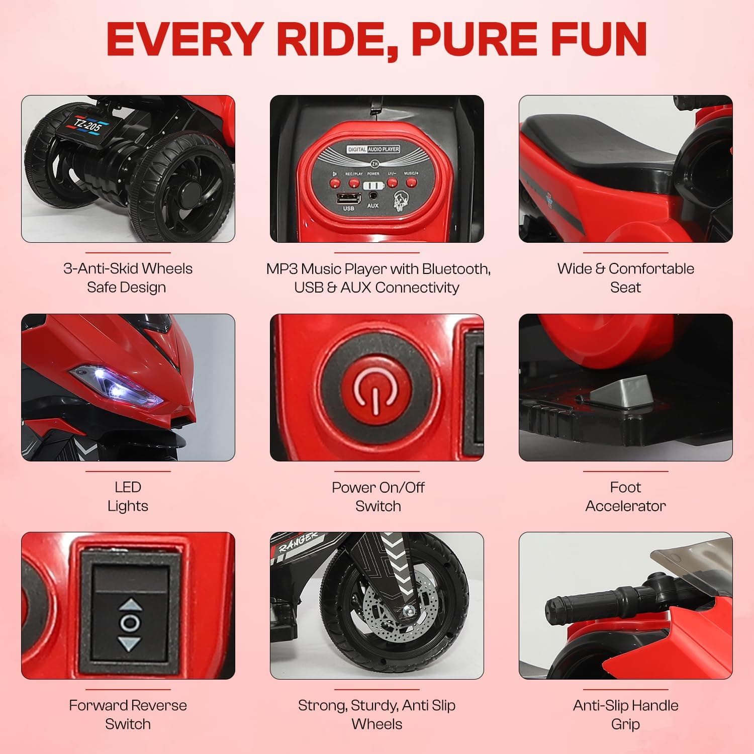 Kidoyz X Electric Bike (Red) | 6V Rechargeable Bike for Kids with 4.5Ah Battery | LED Lights, Music, MP3/USB/BT | Smooth Acceleration | 6M Battery Warranty | Age 2-6 Years, Up to 35kg — view 3