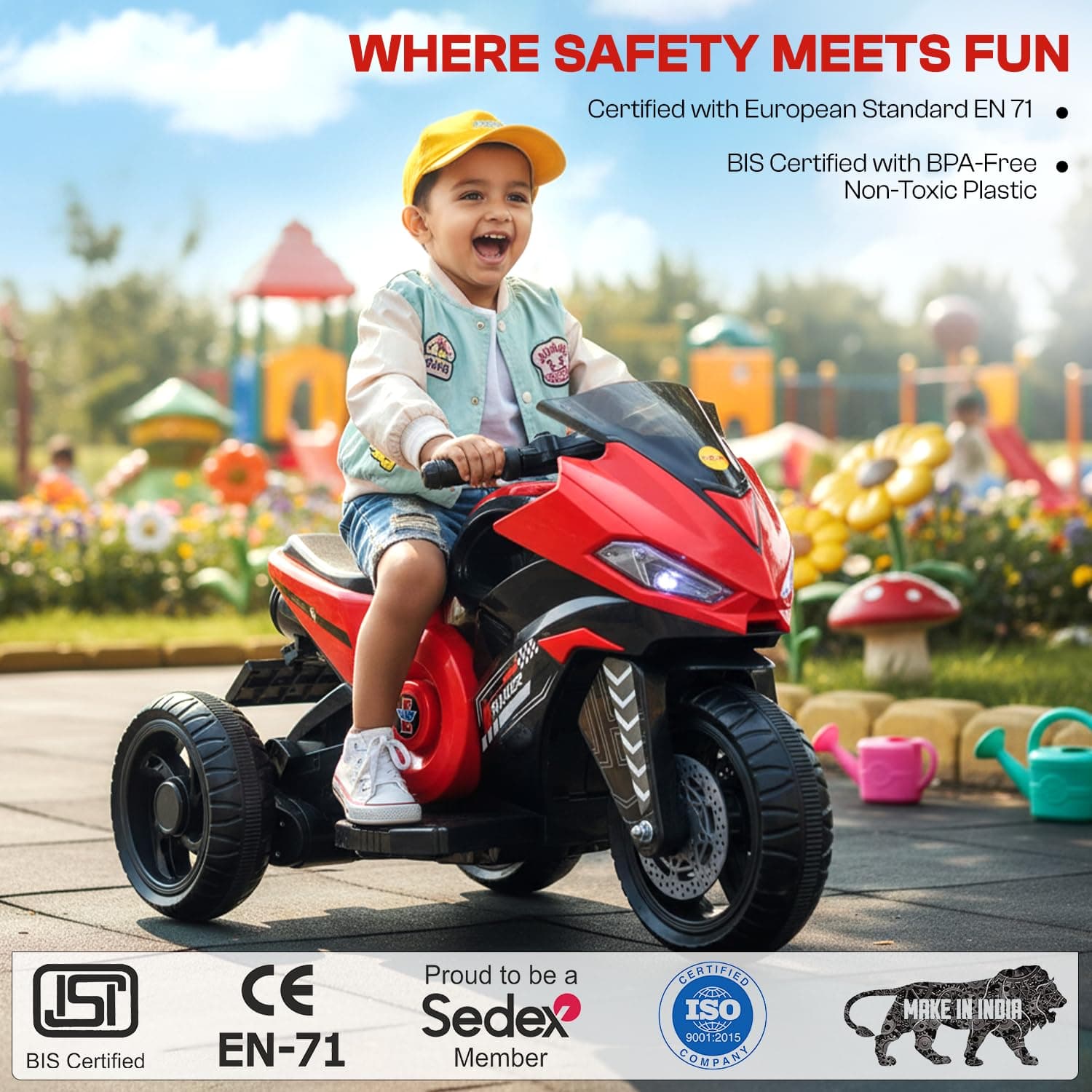 Kidoyz X Electric Bike (Red) | 6V Rechargeable Bike for Kids with 4.5Ah Battery | LED Lights, Music, MP3/USB/BT | Smooth Acceleration | 6M Battery Warranty | Age 2-6 Years, Up to 35kg — view 4