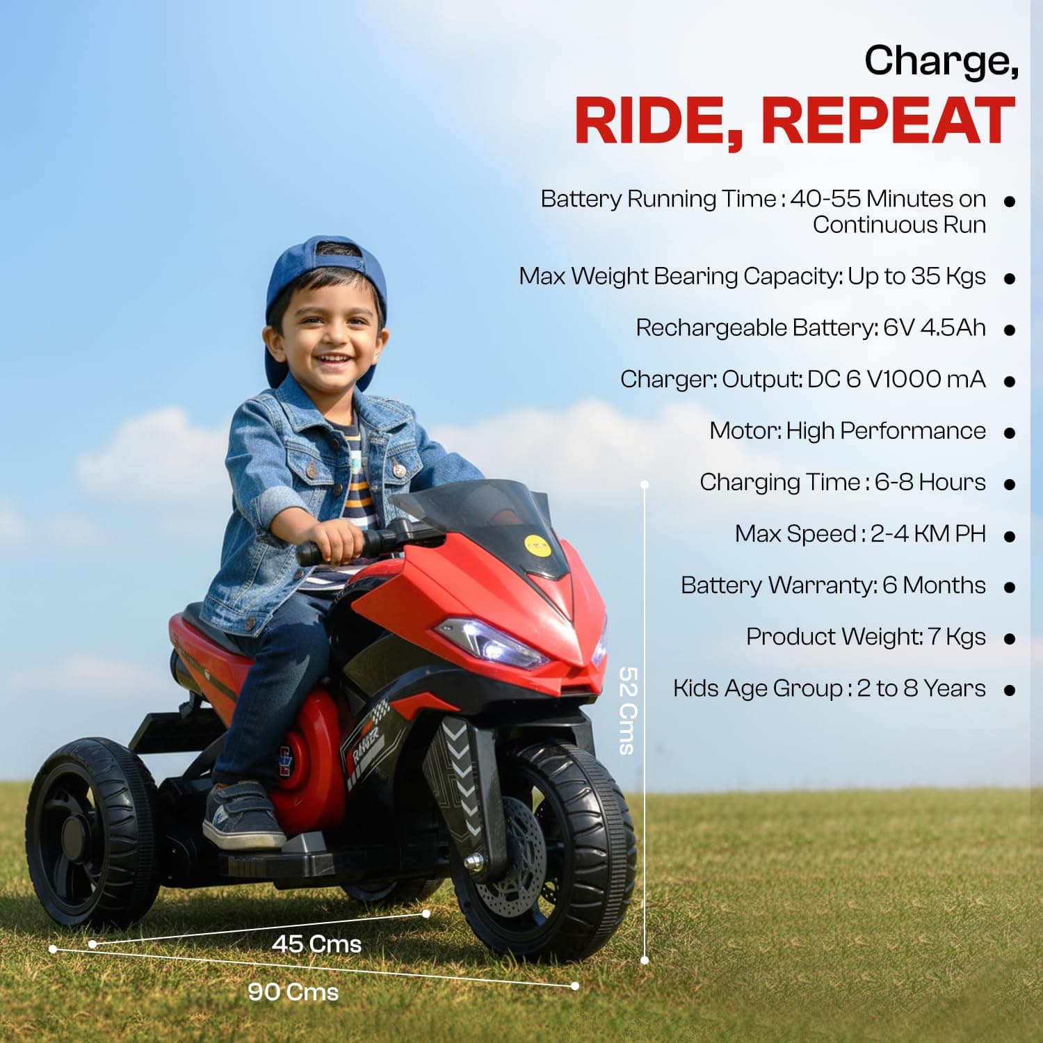 Kidoyz X Electric Bike (Red) | 6V Rechargeable Bike for Kids with 4.5Ah Battery | LED Lights, Music, MP3/USB/BT | Smooth Acceleration | 6M Battery Warranty | Age 2-6 Years, Up to 35kg — view 6