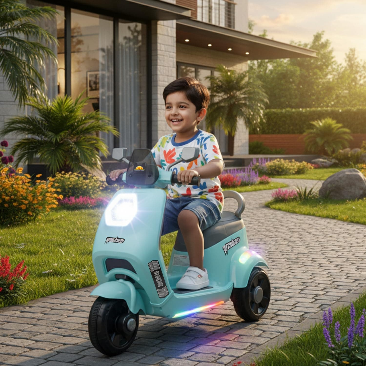 Wizard Electric Scooty | Rechargeable Scooty 6V | Powered by 6.5 ah Battery | Music Player with Bluetoooth & USB | 6 Month Warranty on Battery | Make in India | for Kids 2+ Years (Blue)